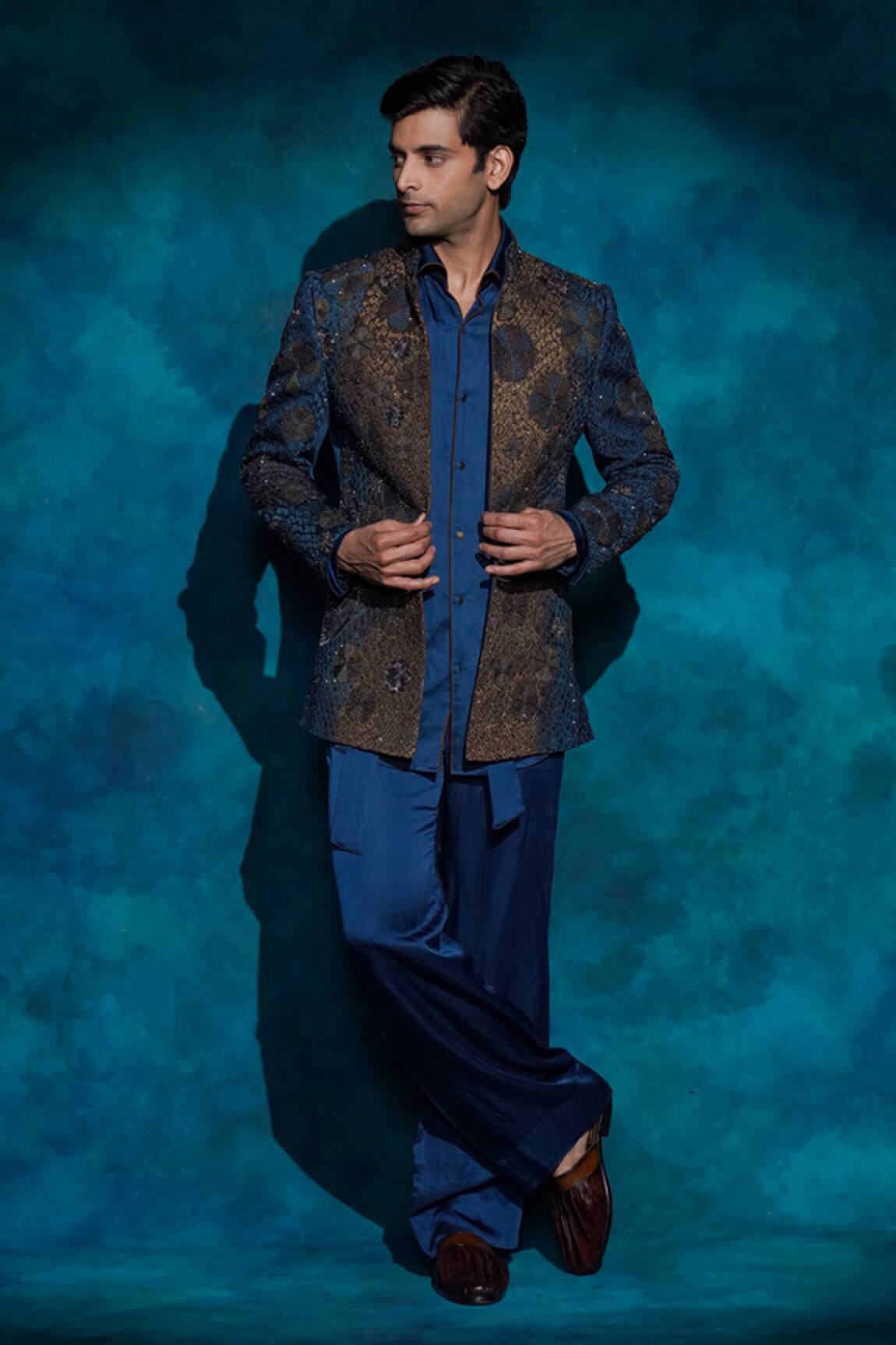 Jatin Malik Teal & Ombre Hand Embroidered Short Jacket Set 