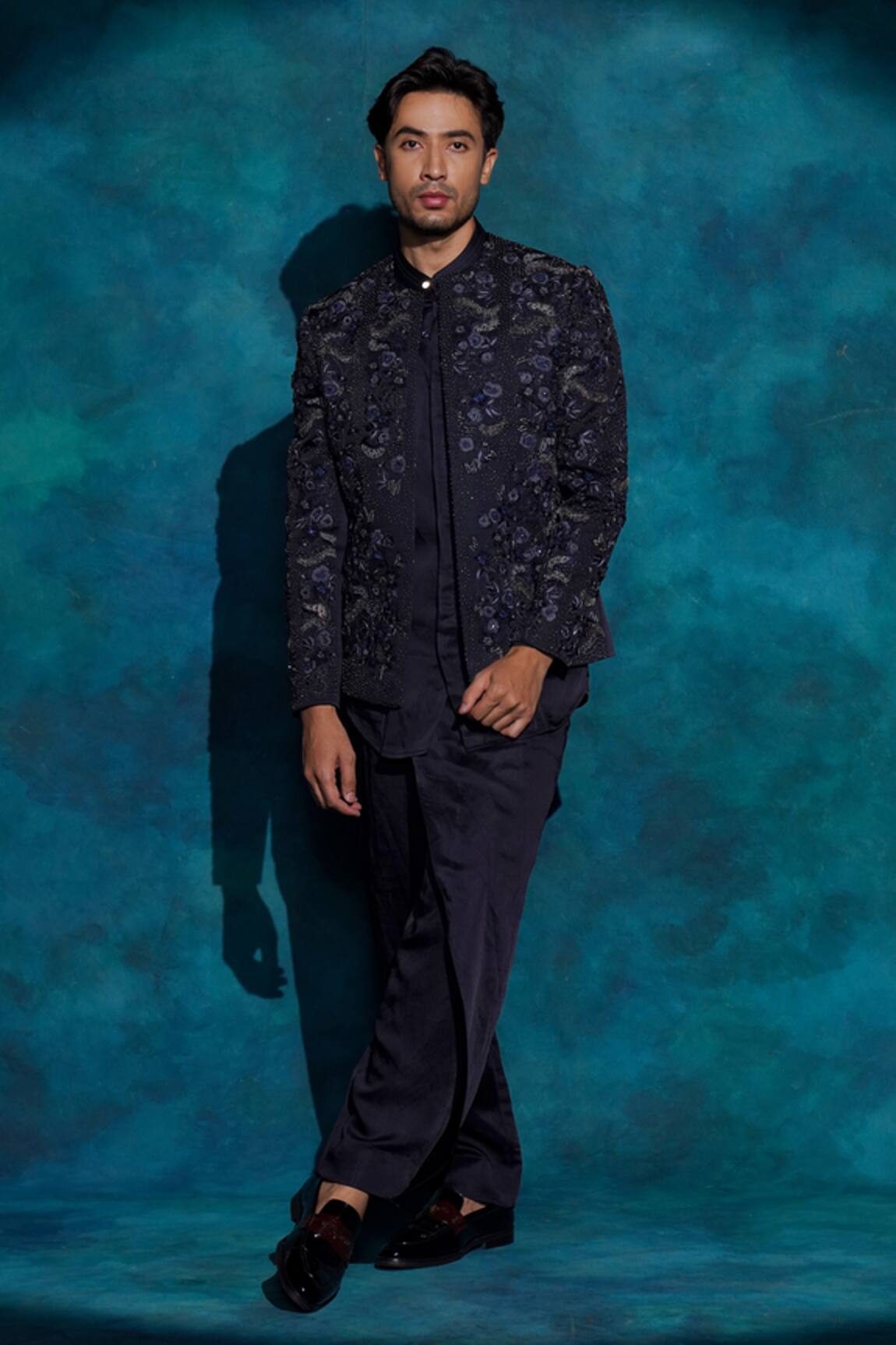 Jatin Malik Midnight Blue Floral Embroidered Jacket Set 