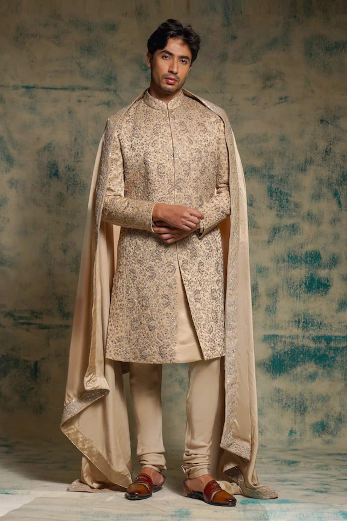 Jatin Malik Sand Grey Linen Silk Embriodered Sherwani Set 