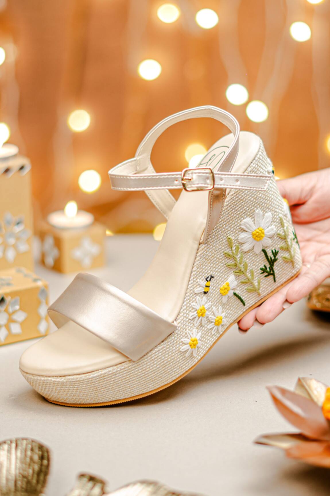 NR By Nidhi Rathi Floral Embroidered Jute Wedge Heels 