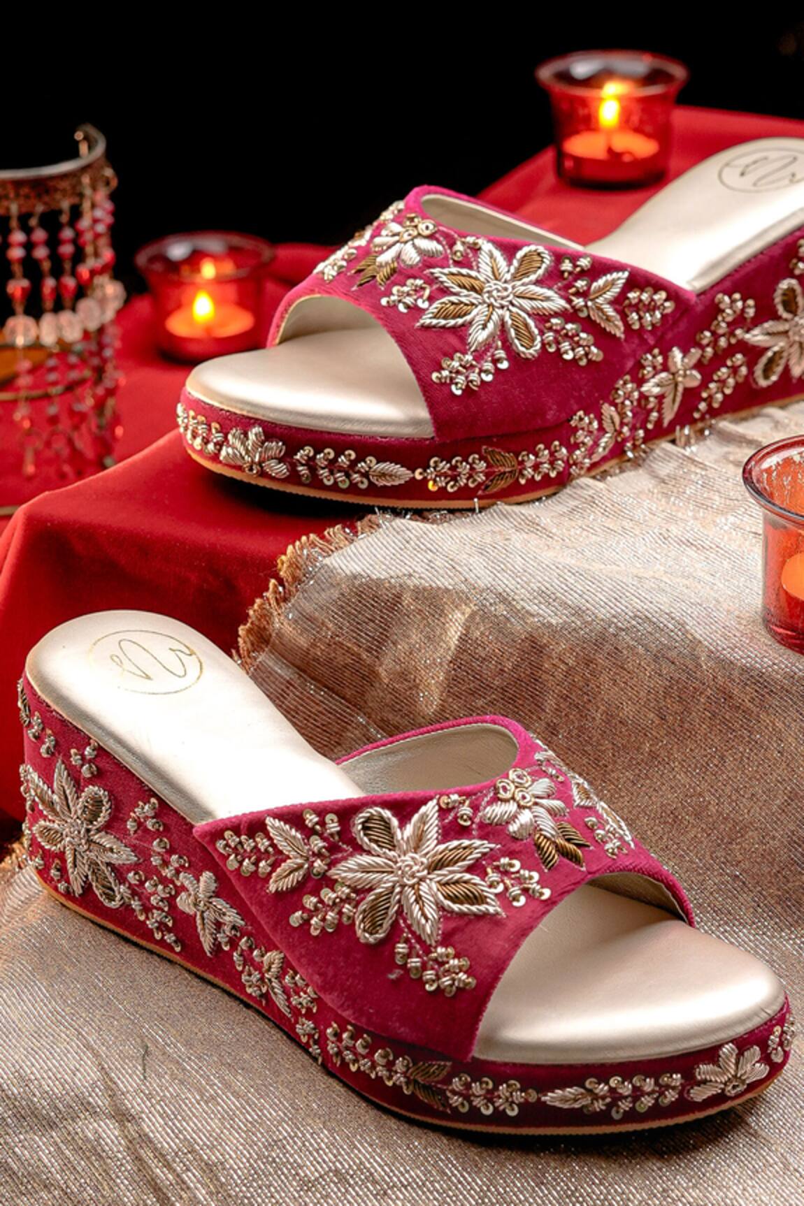 NR By Nidhi Rathi Velvet Golden Embroidered Wedge Sandals 