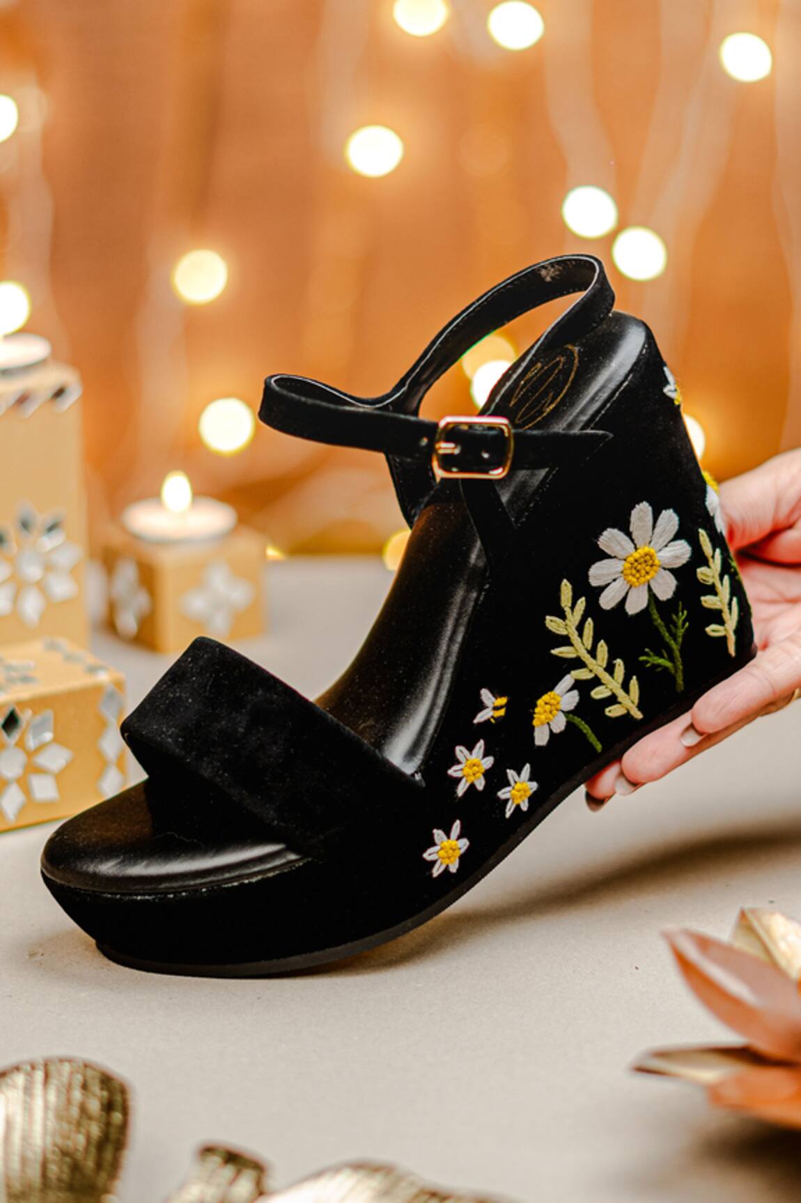 NR By Nidhi Rathi Velvet Floral Embroidered Wedge Heels 
