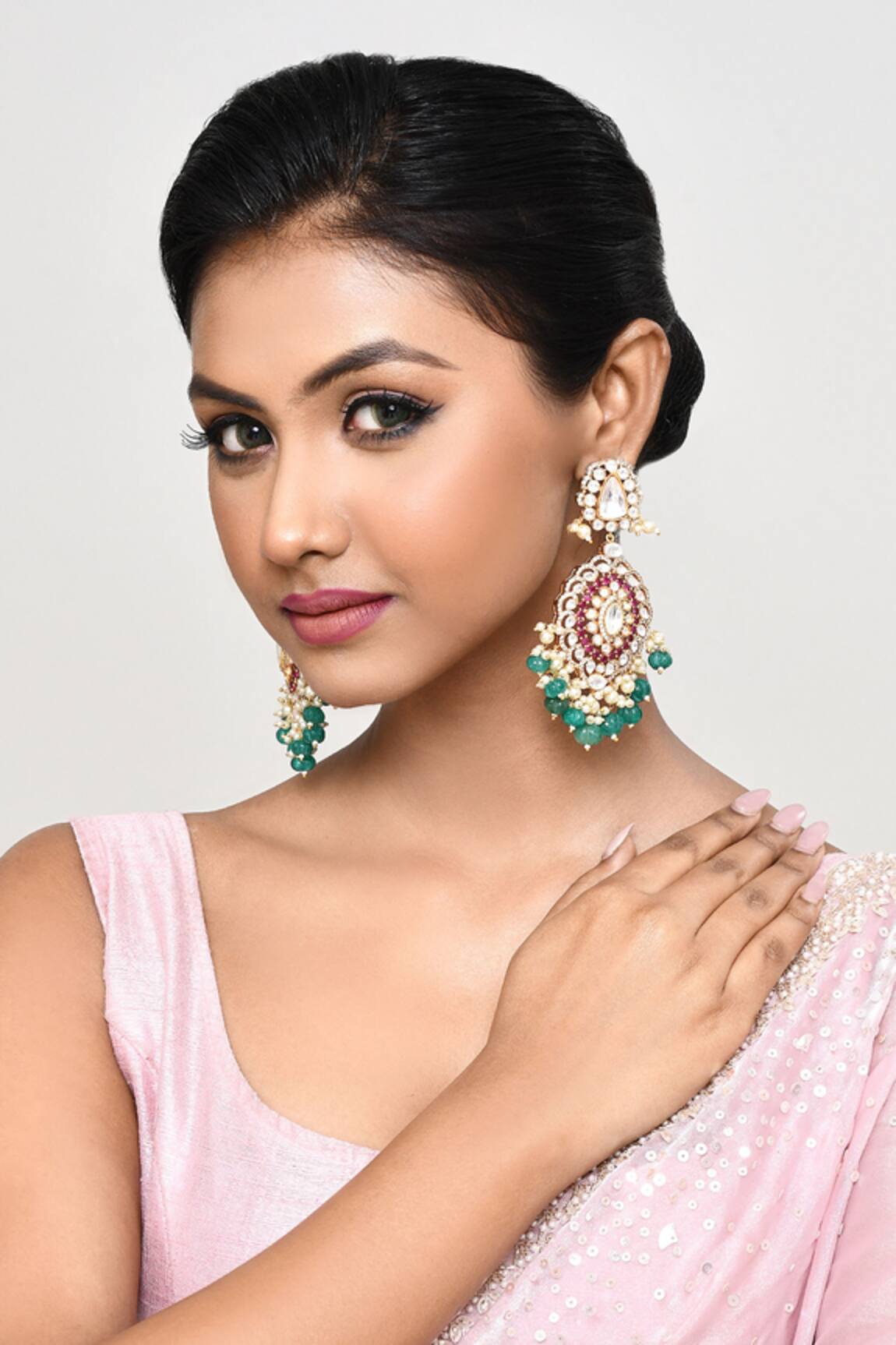 Our Purple Studio Kundan & Pearl Embellished Drop Earrings 