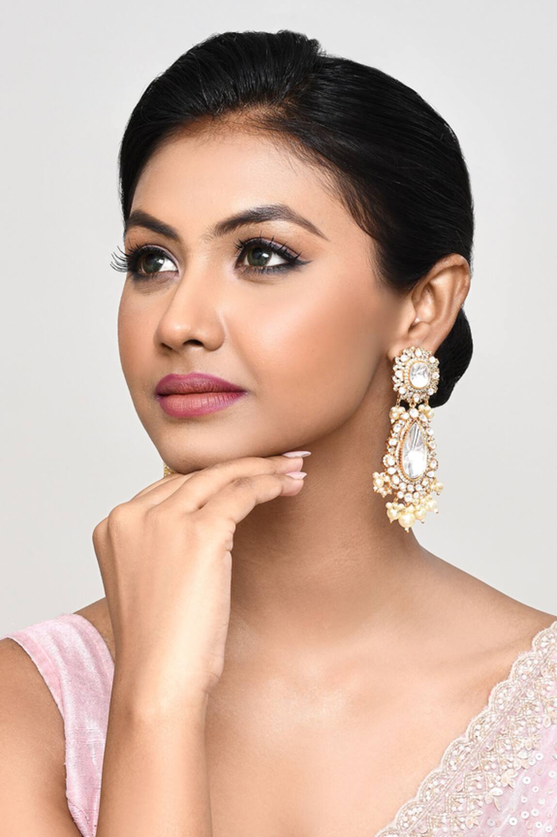 Our Purple Studio Kundan & Pearl Embellished Drop Earrings 