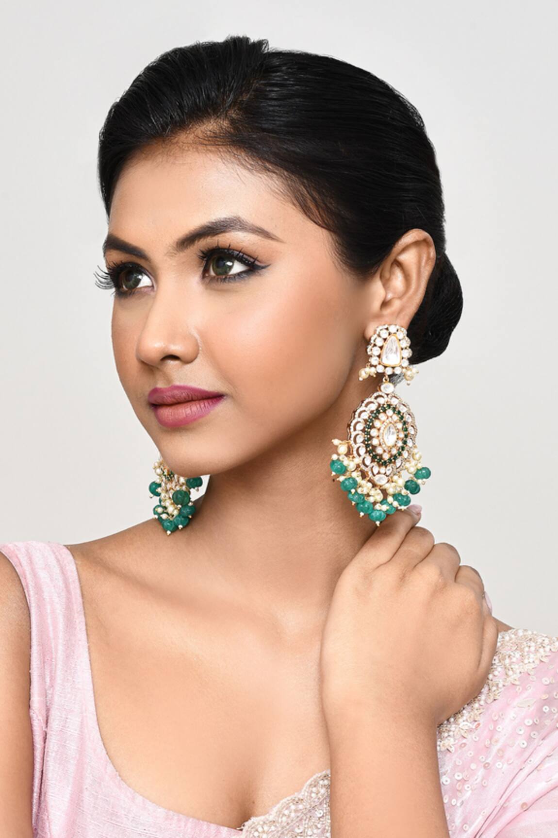 Our Purple Studio Kundan & Pearl Embellished Drop Earrings 