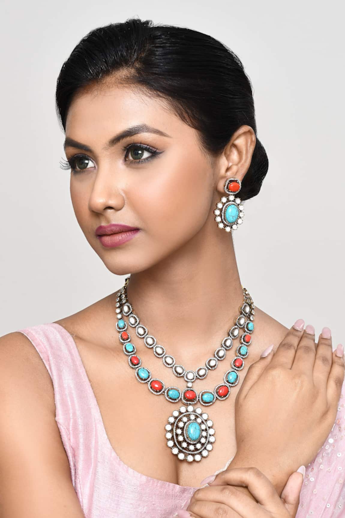 Our Purple Studio Stone & Pearl Embellished Layered Necklace Set 