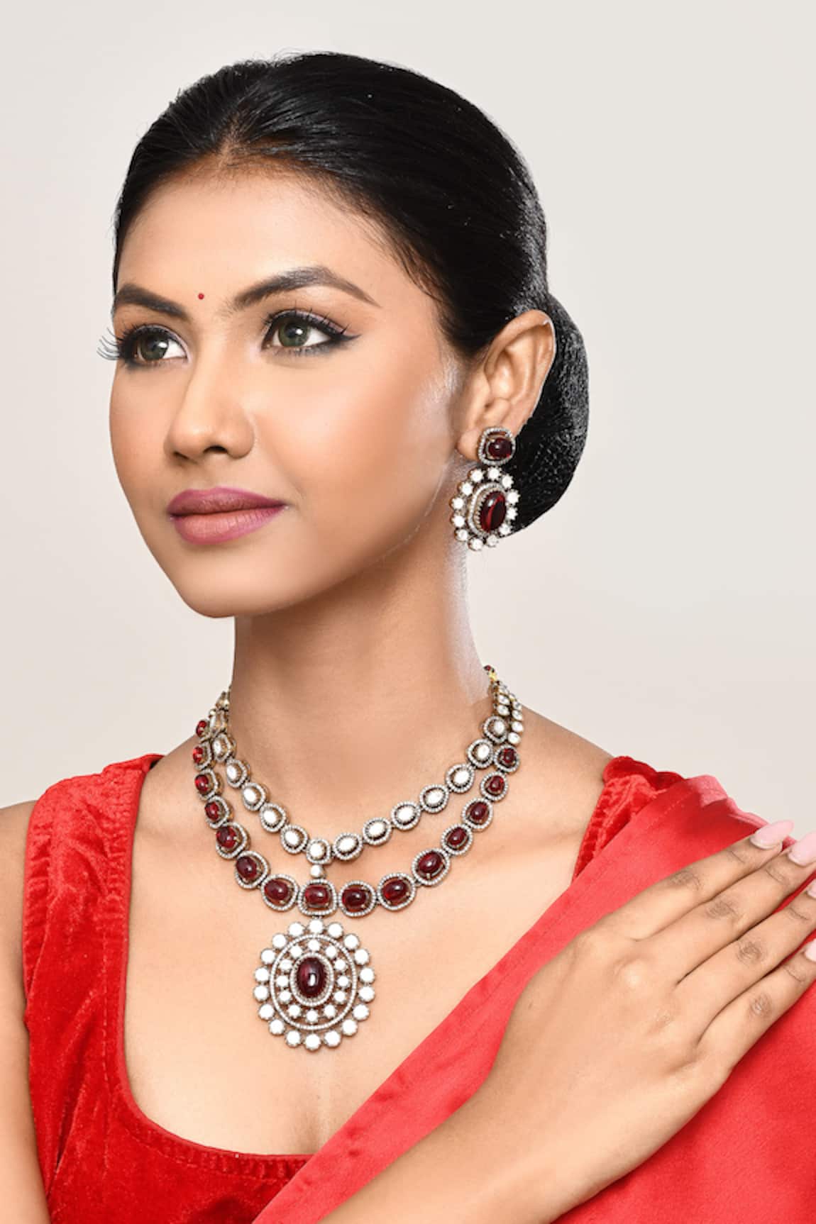 Our Purple Studio Stone Studded Two-Layered Necklace & Earring Set 