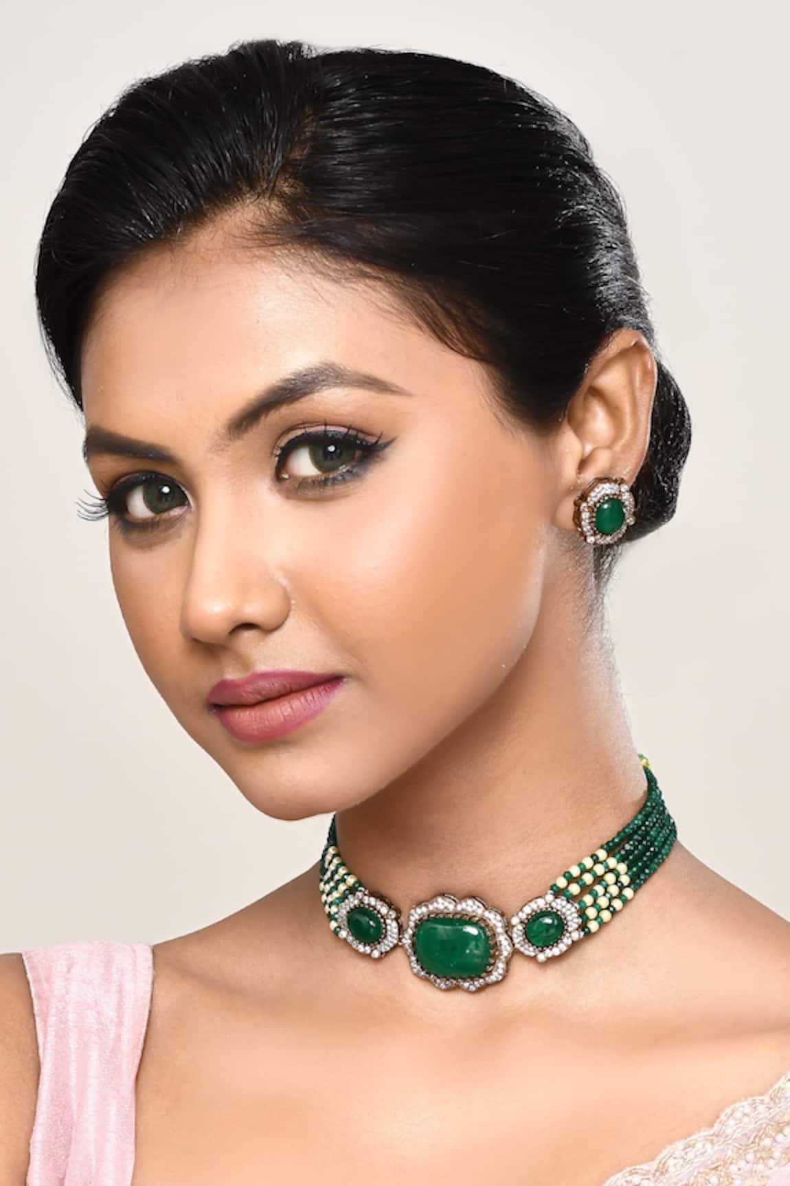 Our Purple Studio Beaded Stone Embellished Choker Necklace & Earrings 