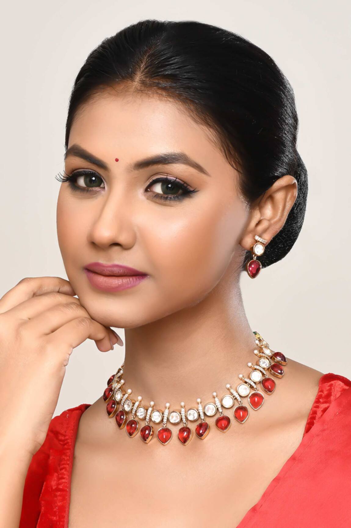 Our Purple Studio Kundan & Red Stone Embellished Necklace Set 