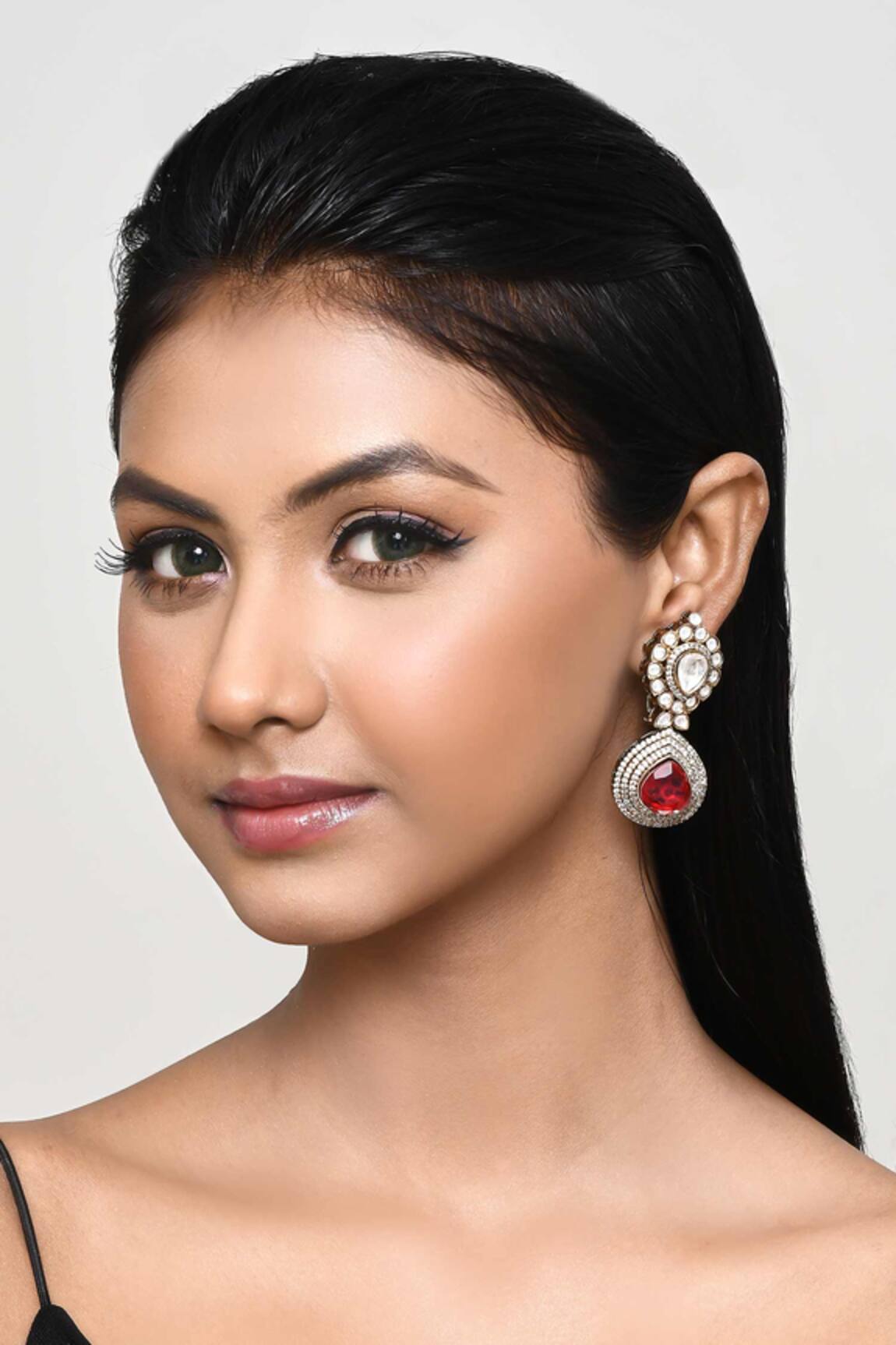 Our Purple Studio Kundan & Red Stone Drop Earrings 