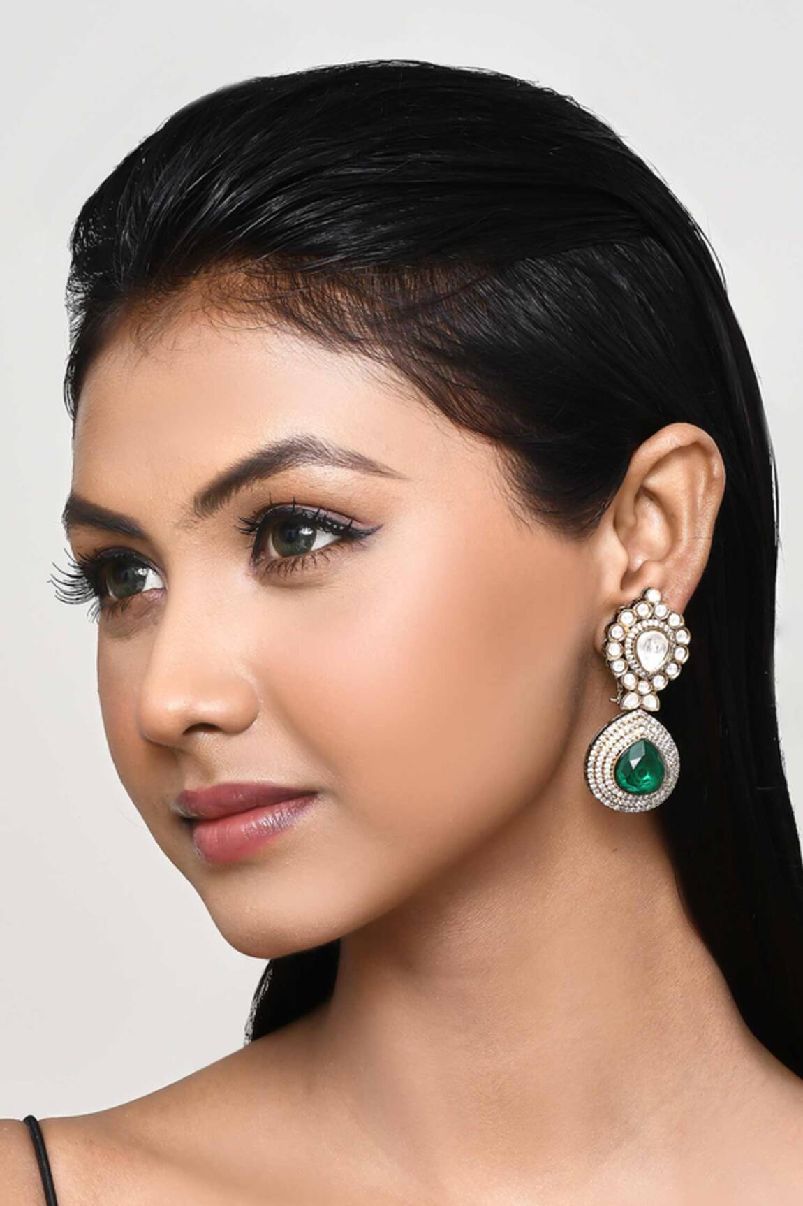 Our Purple Studio Kundan & Green Stone Drop Earrings 