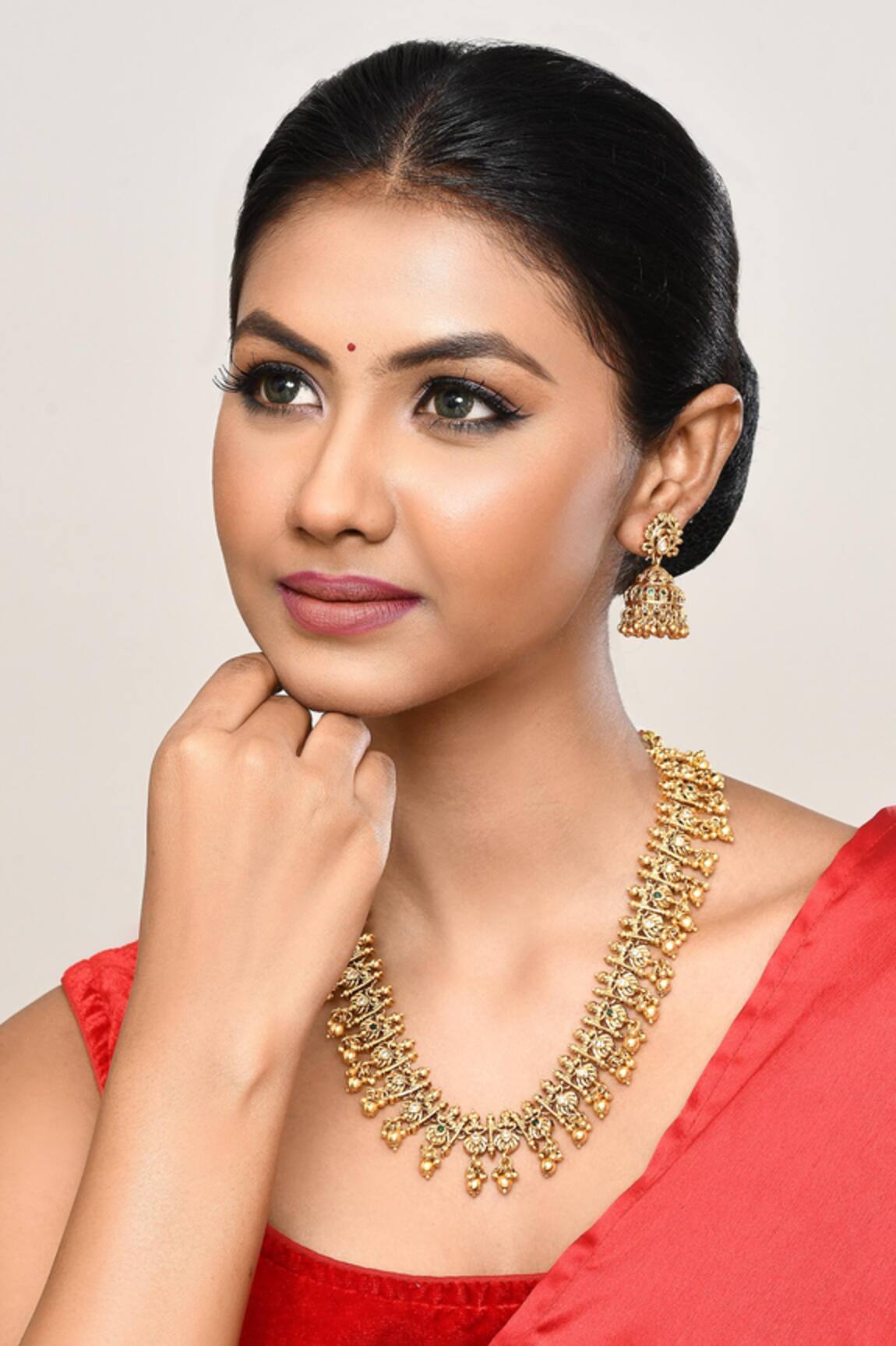 Our Purple Studio Temple Design Necklace & Jhumka Earrings Set 