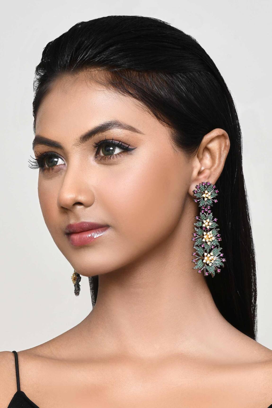 Our Purple Studio Floral & Leaf Embellished Drop Earrings 