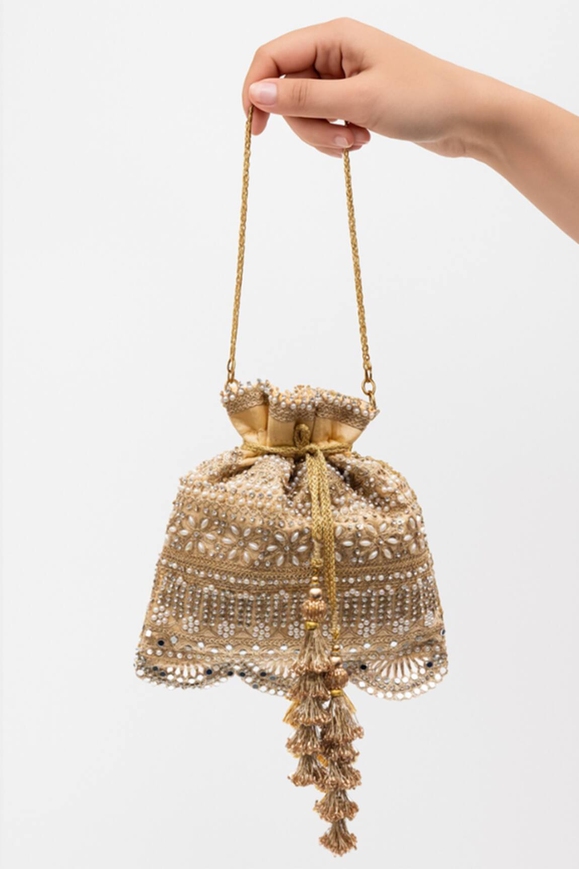 SG Collection By Sonia Gulrajani Soraya Pearl & Mirror Embellished Potli Bag 