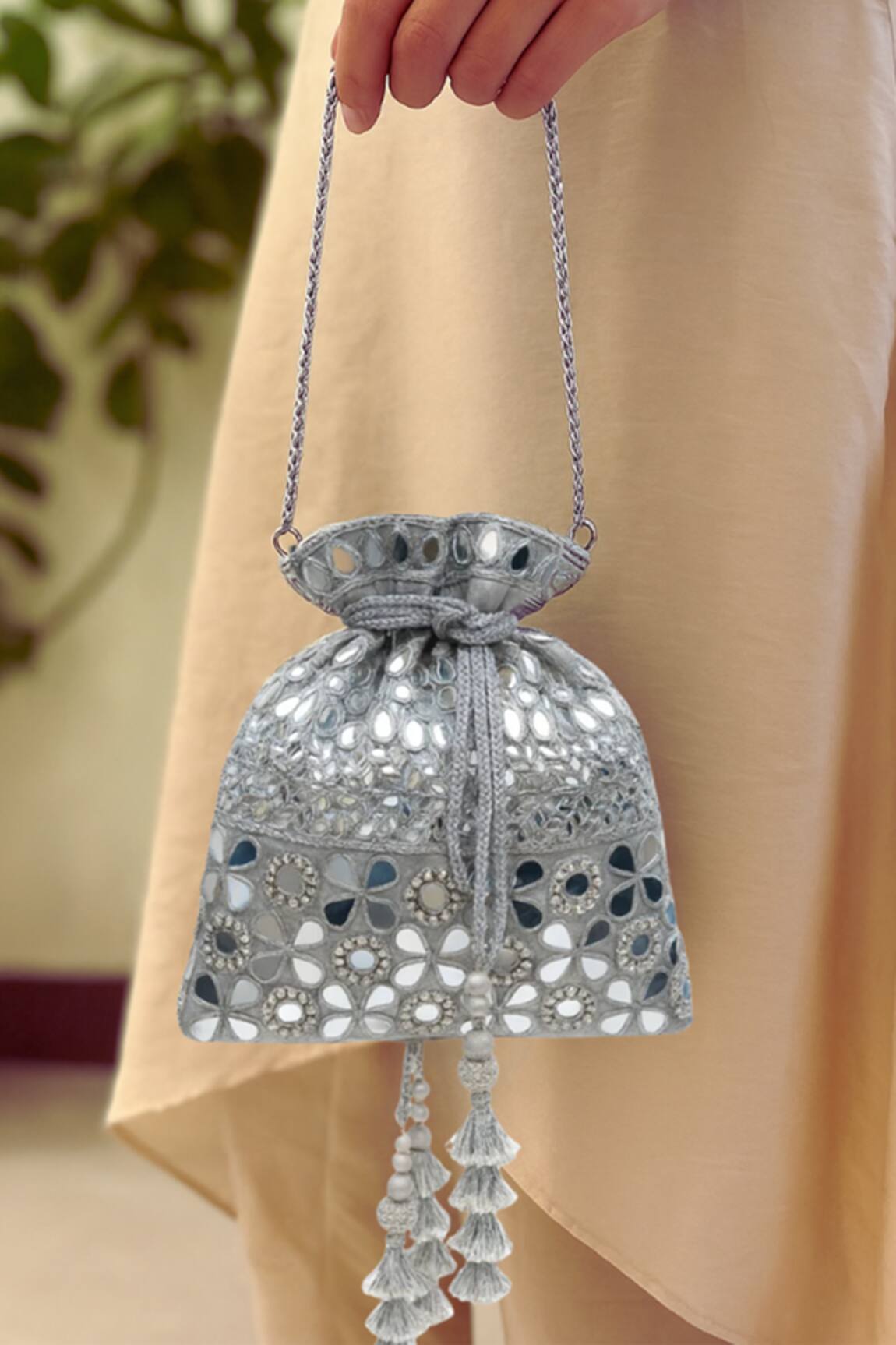SG Collection By Sonia Gulrajani Sitara Mirrorwork Raw Silk Potli Bag With Chain 