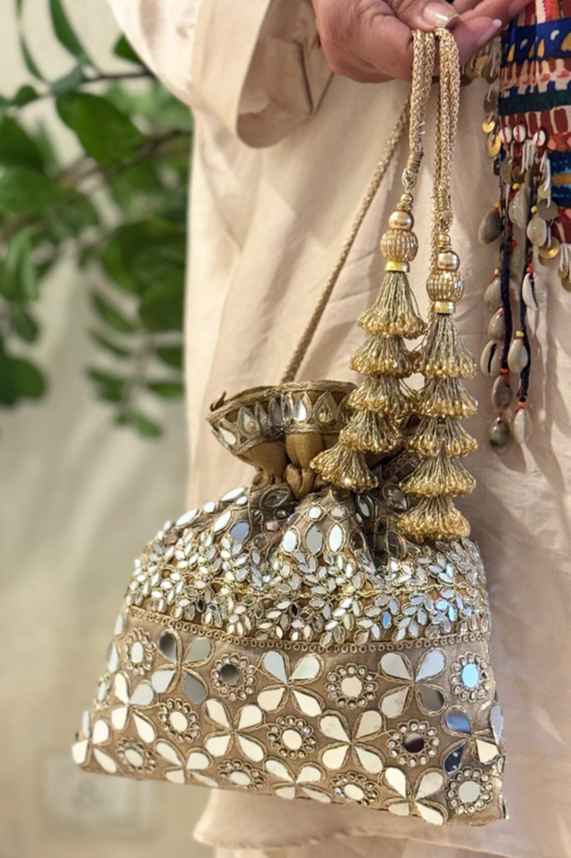 SG Collection By Sonia Gulrajani Noor Mirrorwork Floral Embroidered Potli Bag 