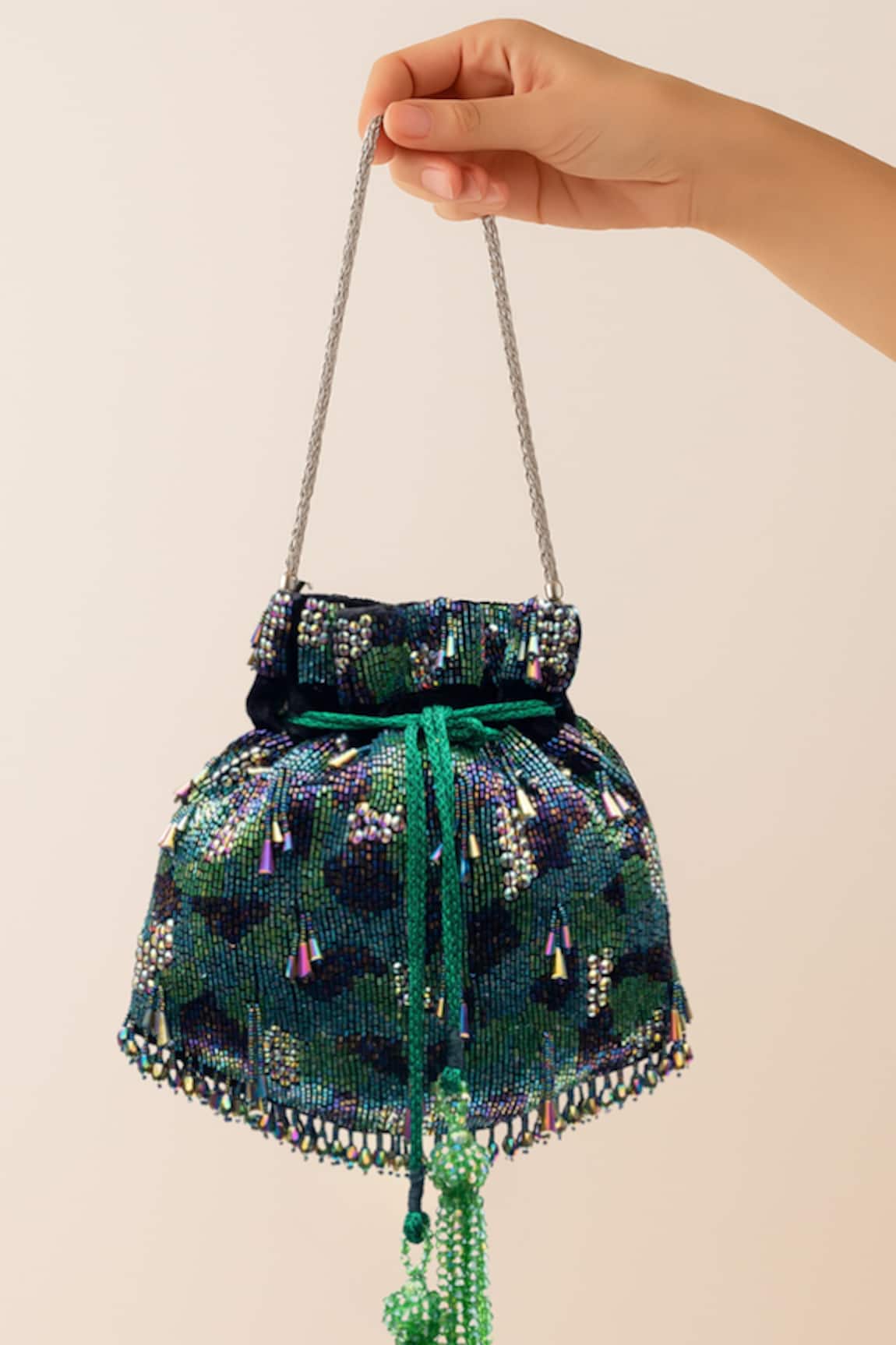 SG Collection By Sonia Gulrajani Farah Sequined Velvet Potli Bag with Tassel & Chain 