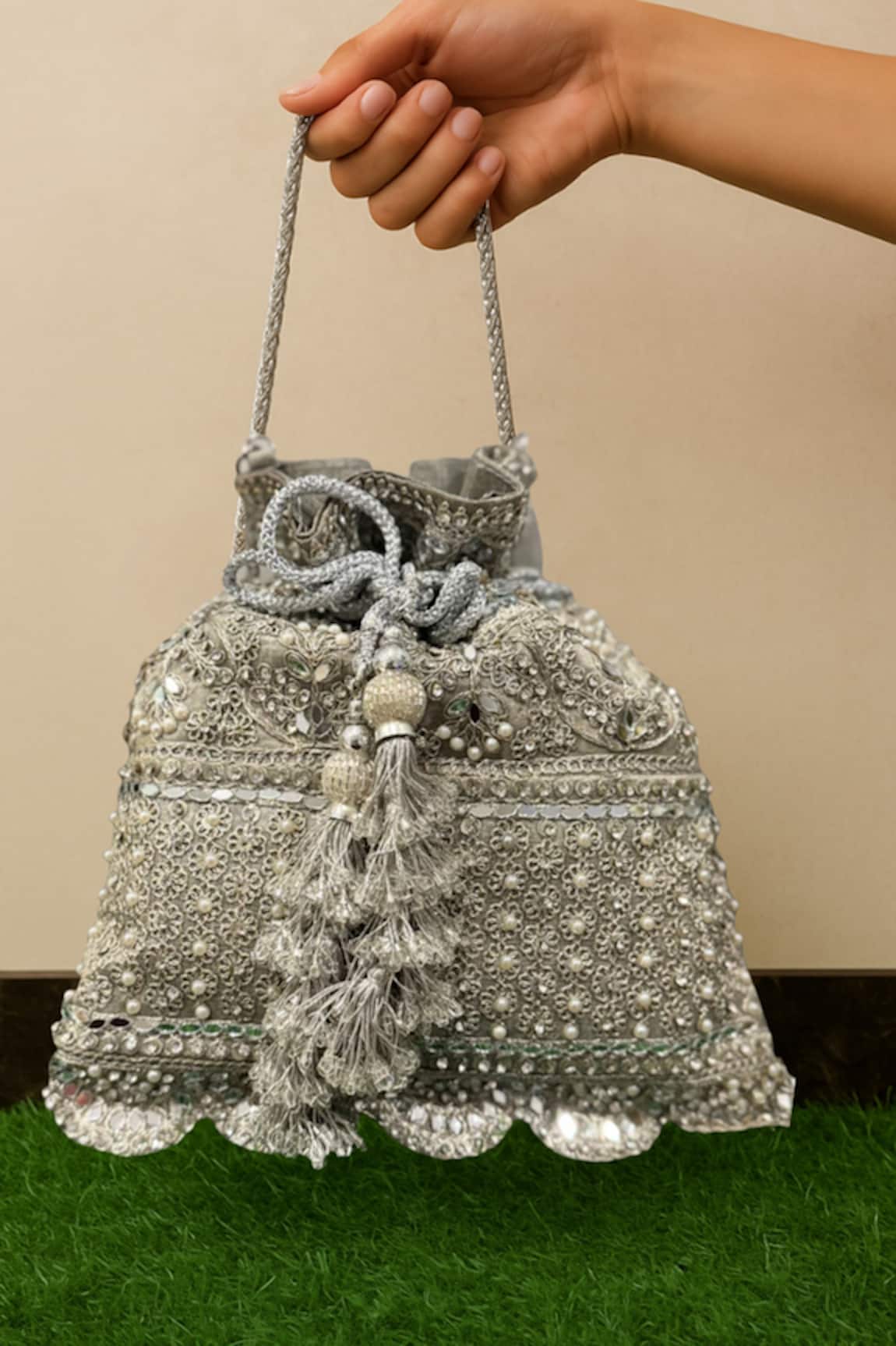 SG Collection By Sonia Gulrajani Celene Silver Pearl, Mirror & Beadwork Potli Bag 