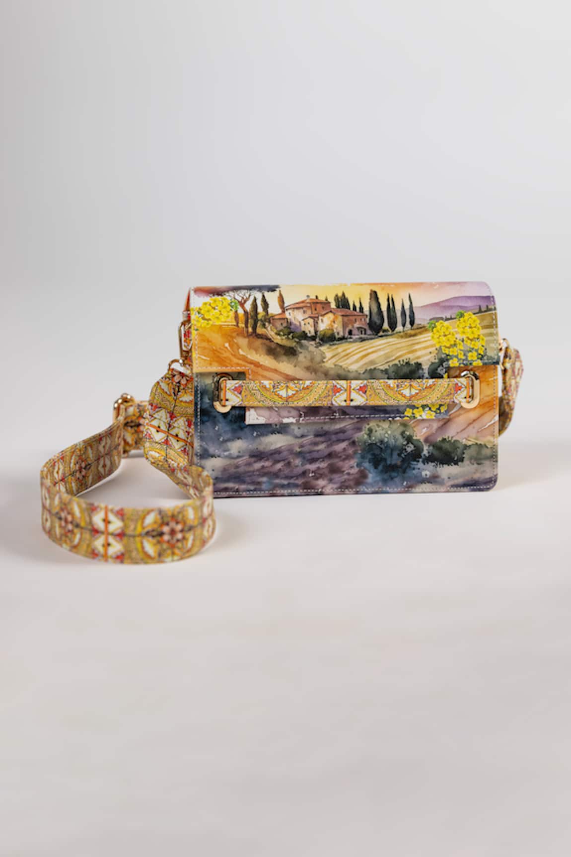 The Garnish Company Pontassieve Farm Landscape Print Leather Sling Bag