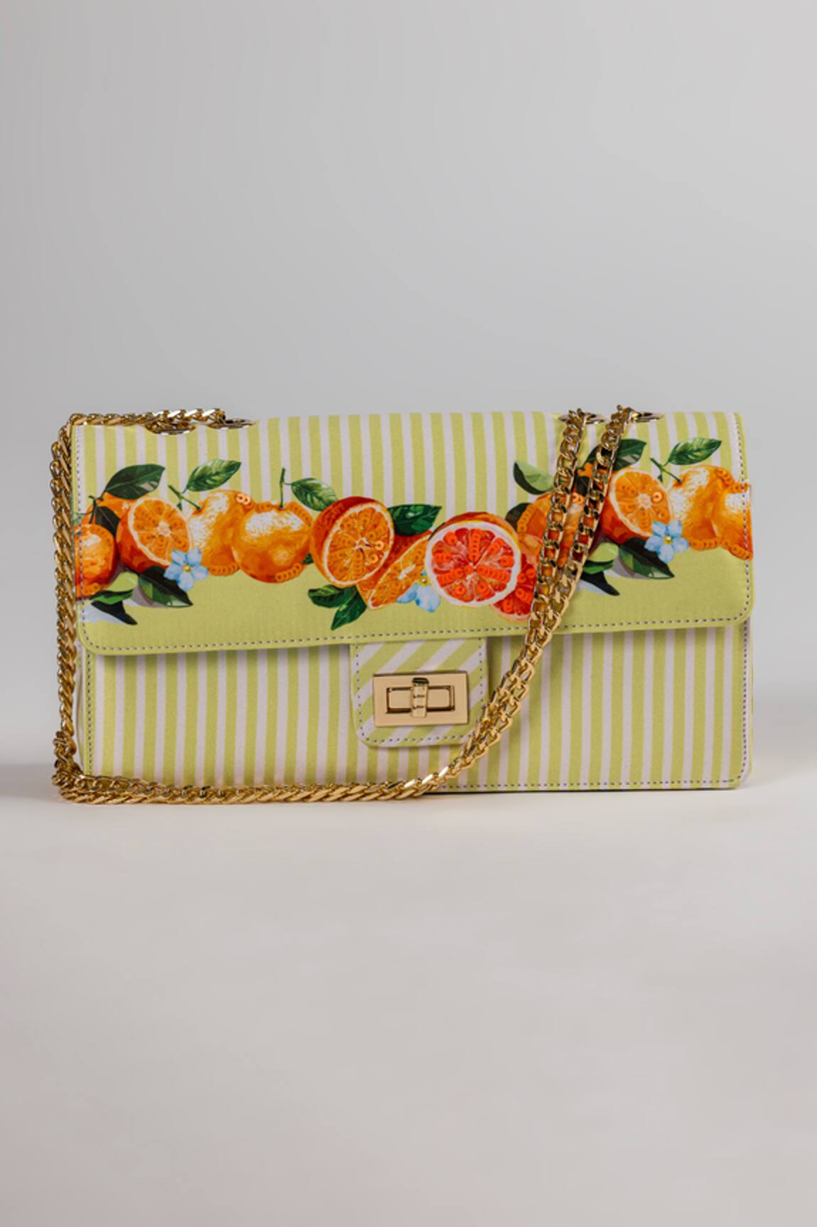 The Garnish Company Clementine Oranges & Stripe Print Turn Lock Chain Bag
