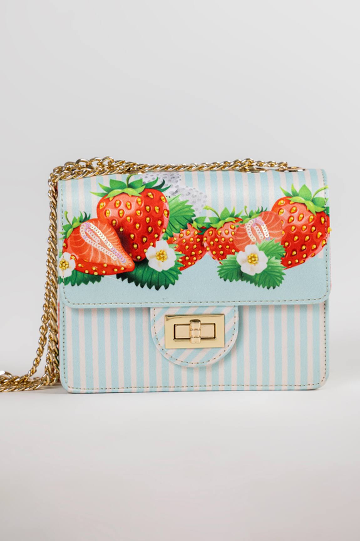The Garnish Company Fraise Strawberry Print & Striped Chain Sling Bag