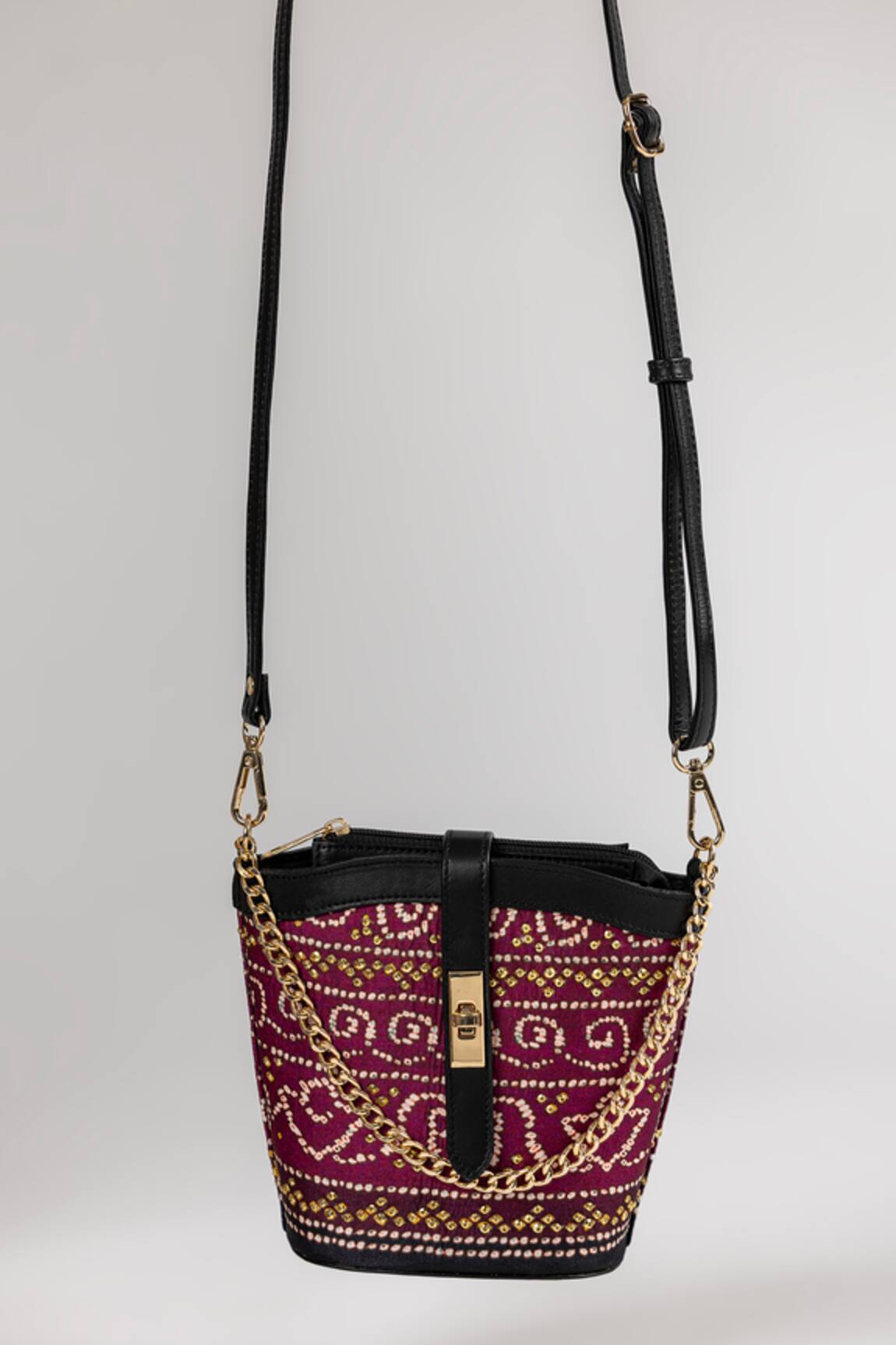 The Garnish Company Esha Bandhej Print Bucket Bag with Dual Sling