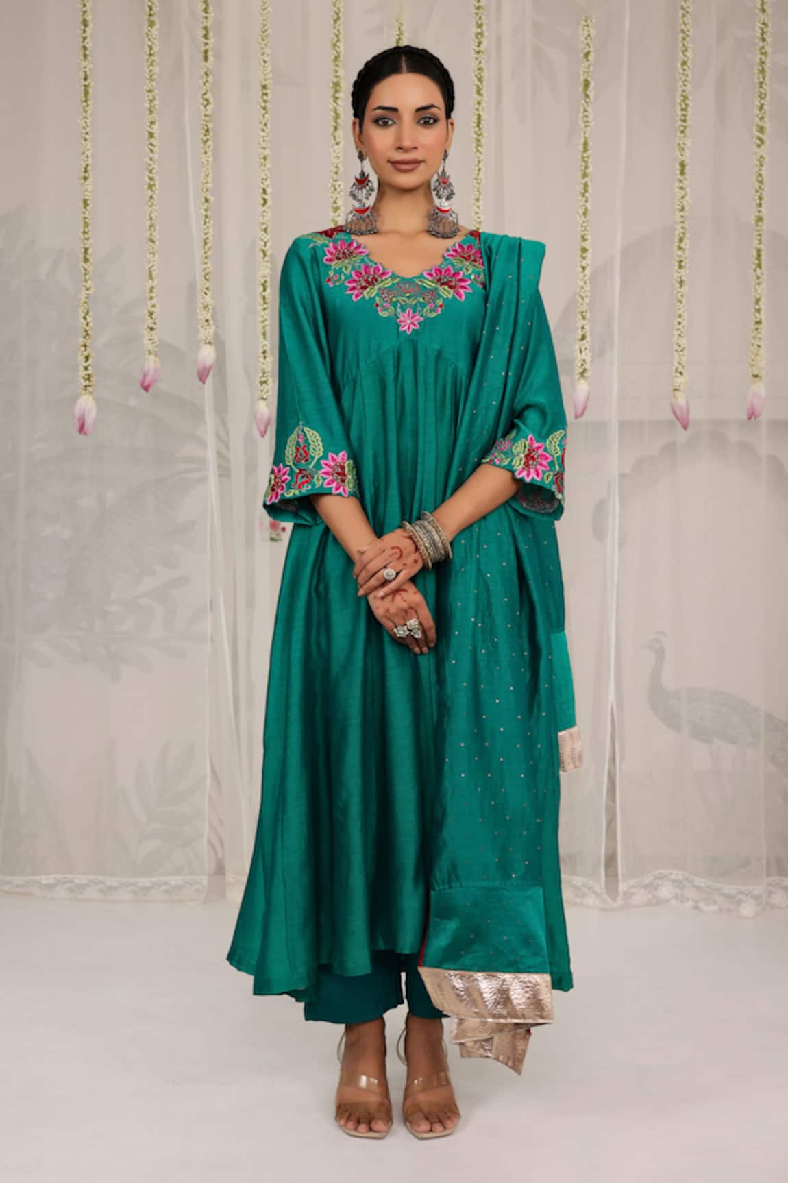 Myaara Chanderi Embroidered Anarkali Pant Set