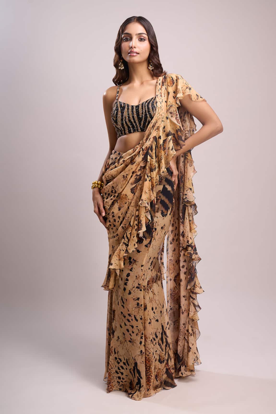 Aza X Shilpa Shetty Kundra Animal Print Pre-Draped Saree With Blouse 