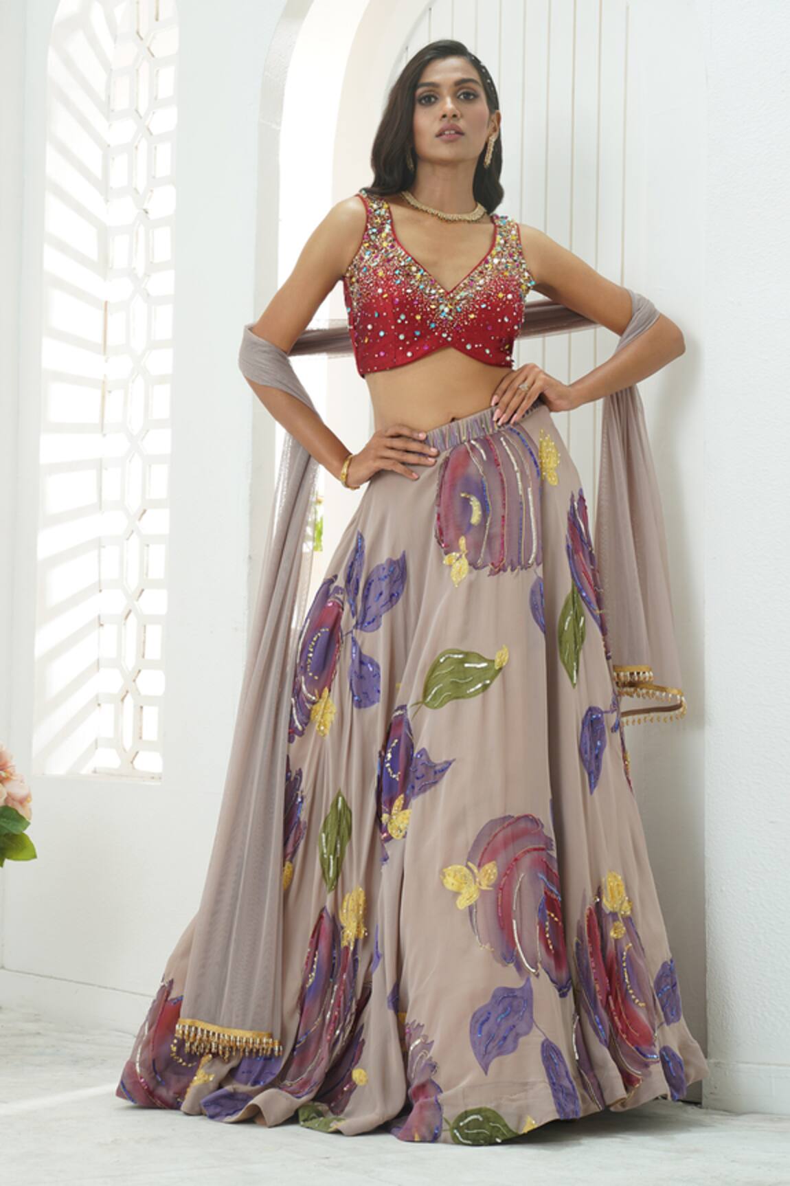 Priti Sahni Floral Hand Painted Lehenga Set 