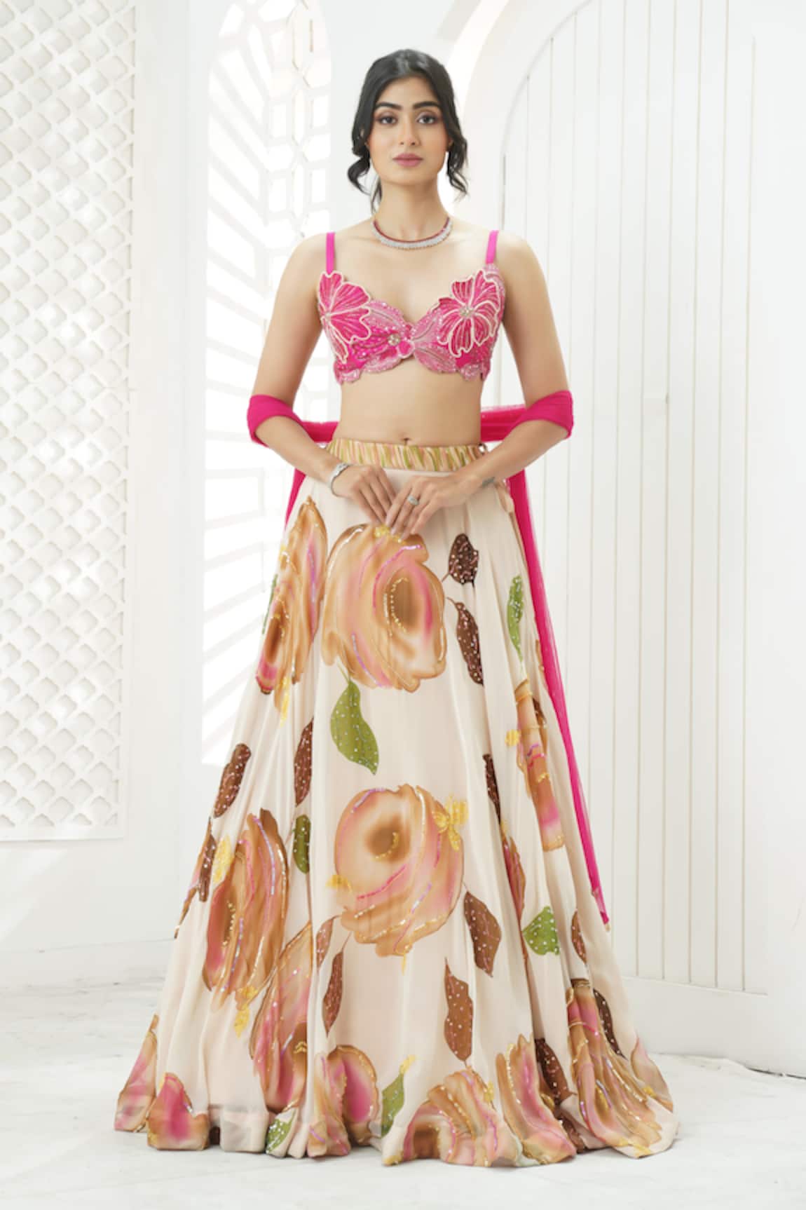 Priti Sahni Flower Hand Painted Lehenga Set 