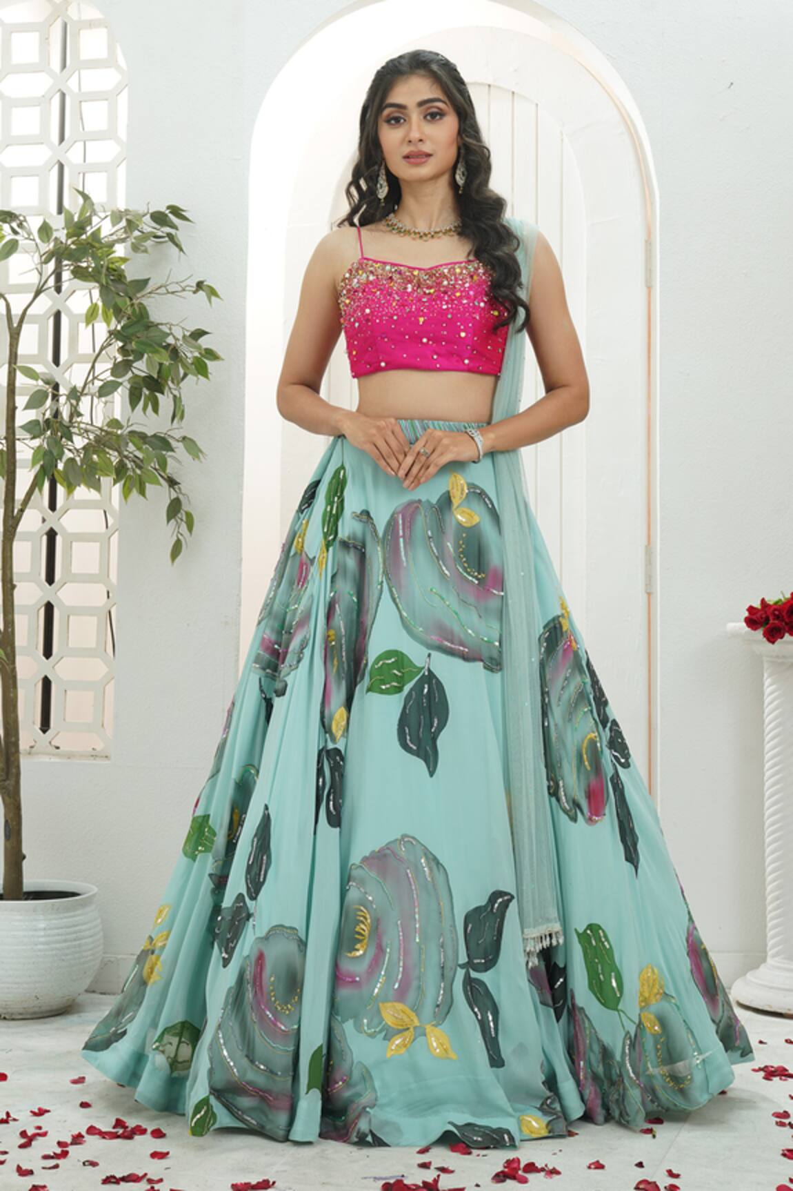 Priti Sahni Bloom Hand Painted Lehenga Set 