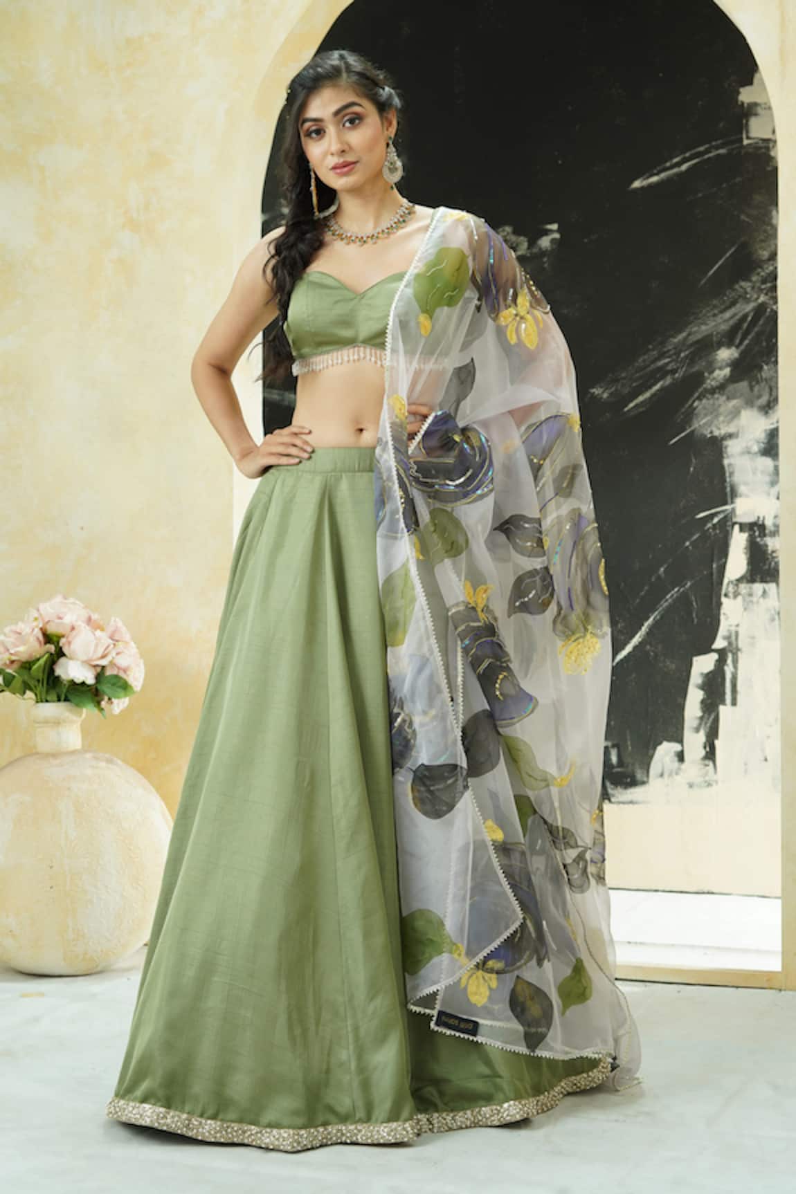 Priti Sahni Solid Lehenga Set With Hand Painted Dupatta 