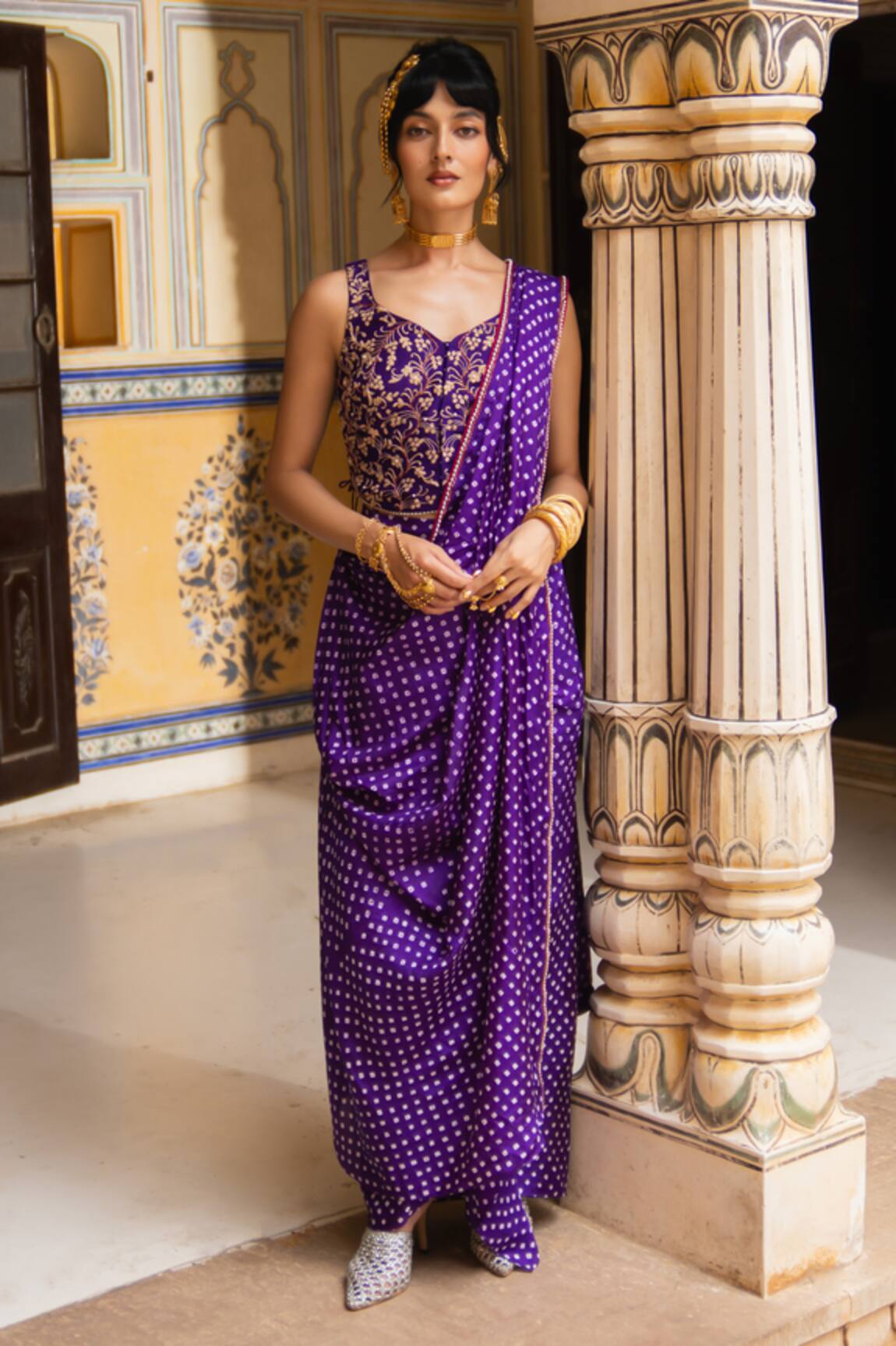 Pink City By Sarika Bandhani Pattern Pre-Draped Saree Set 
