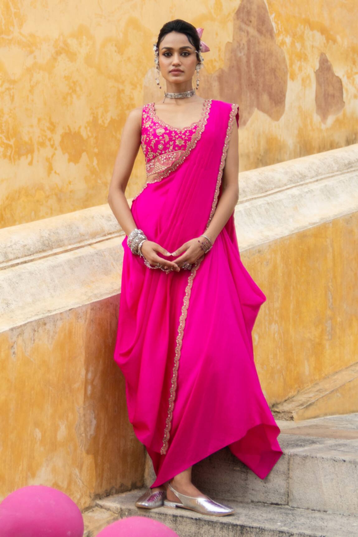 Pink City By Sarika Floral Embroidered Blouse & Pre-Draped Saree Set 