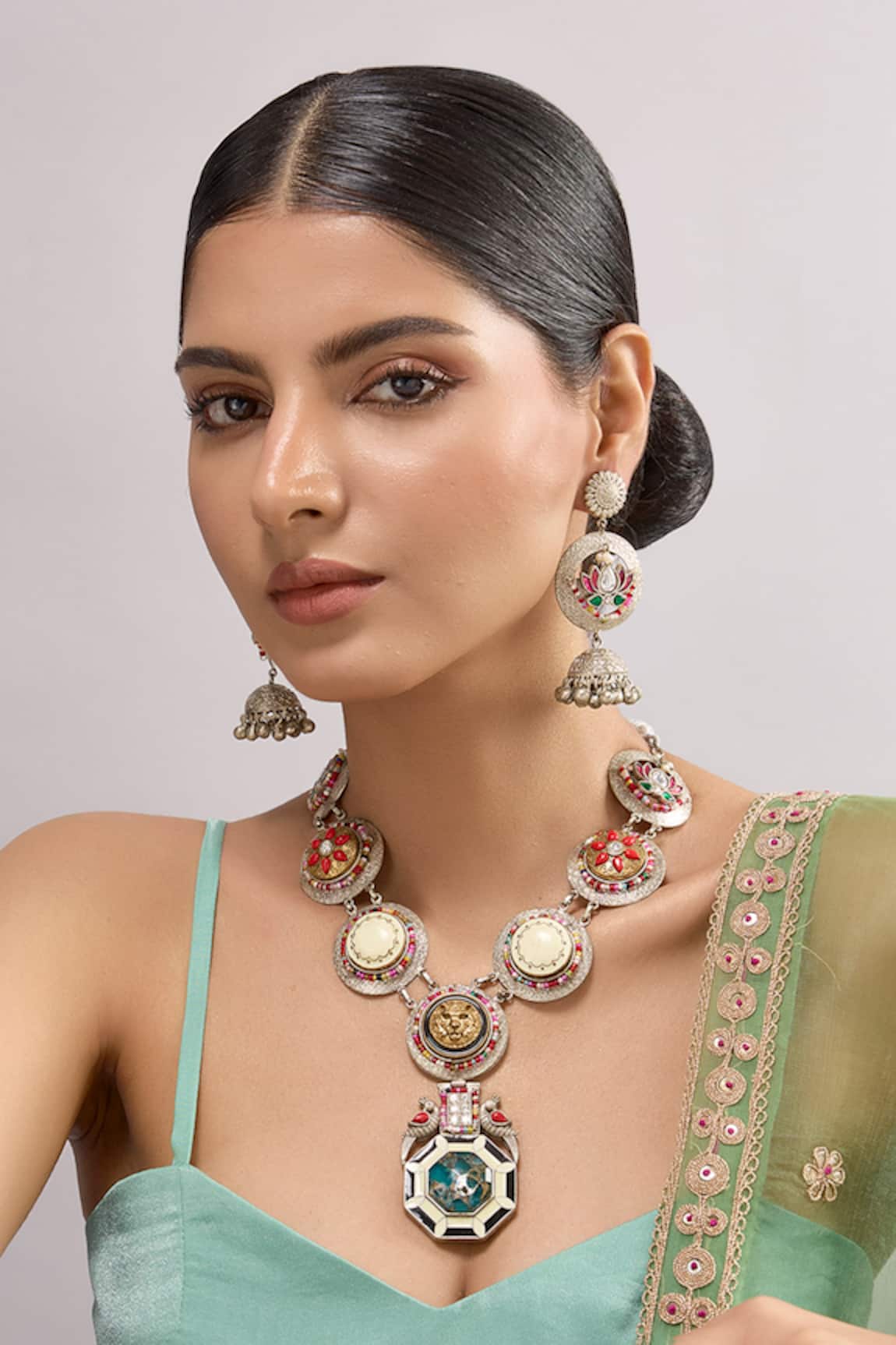 Auraa Trends Oxidized Silver Enamel Lotus Motif Necklace Set 
