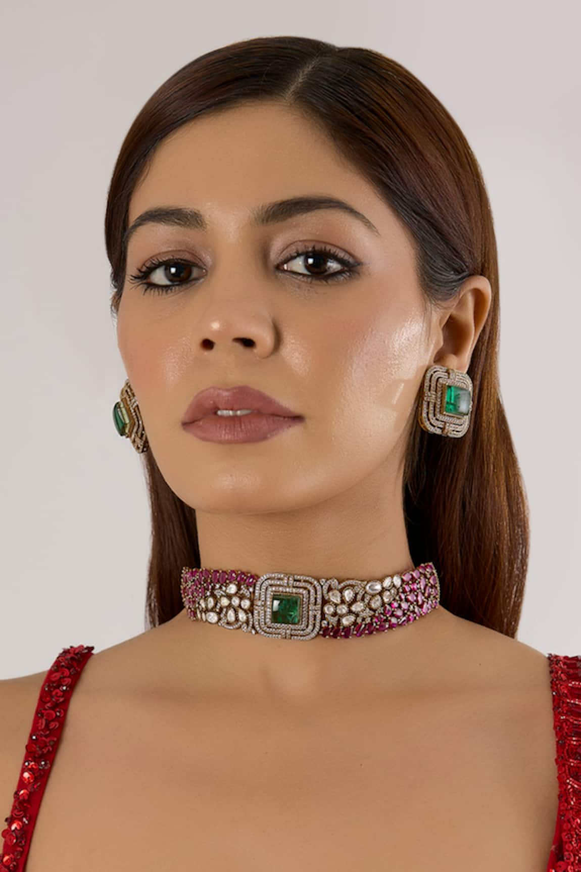 Auraa Trends Zircon & Ruby Stone Kundan Choker & Earring Set 