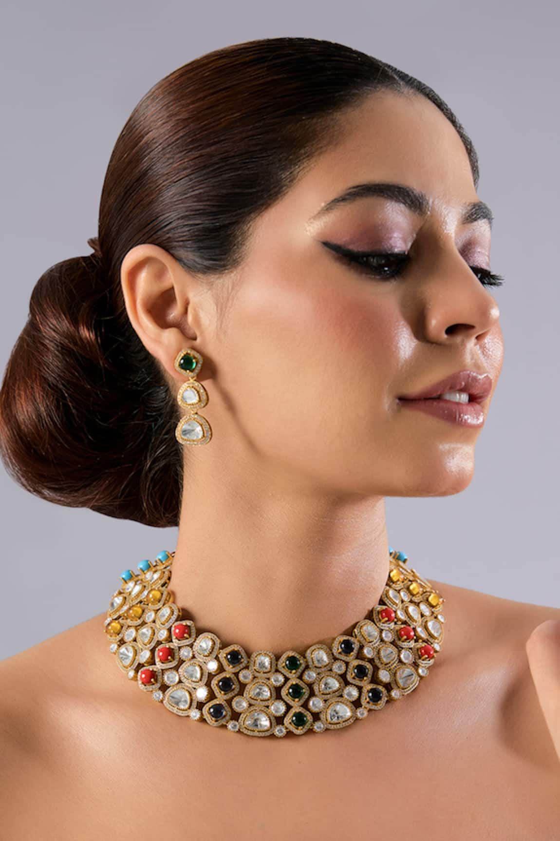 Auraa Trends Kundan Polki & Navratna Stone Necklace Set 