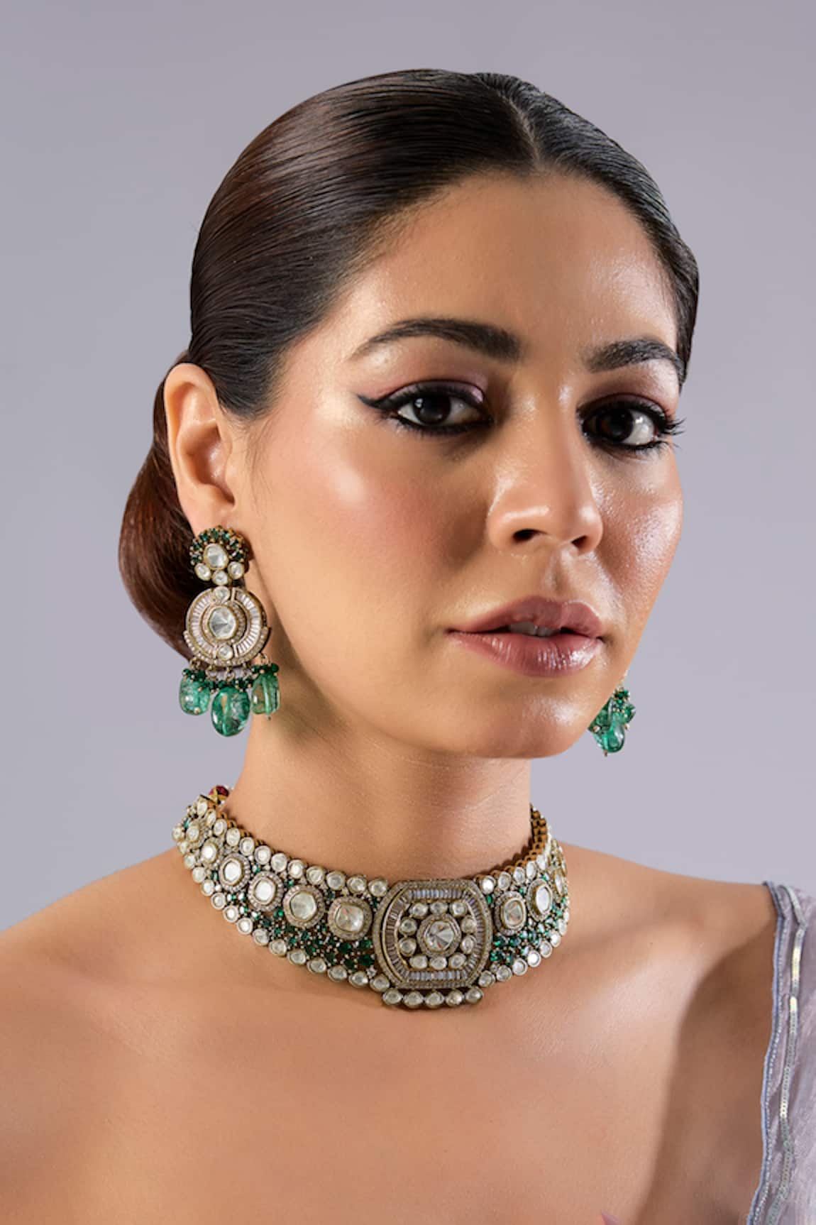 Auraa Trends Kundan Polki & Emerald Stone Necklace Set 
