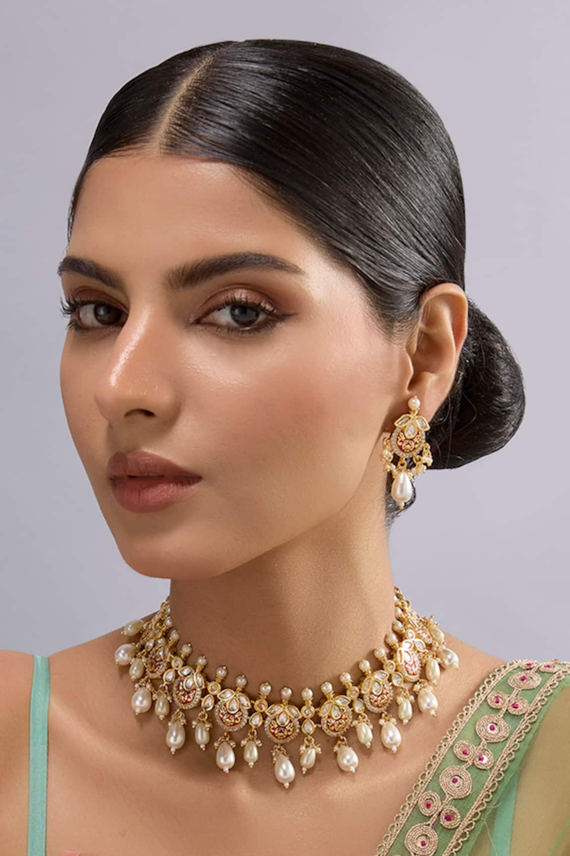 Auraa Trends Kundan Polki Necklace Set with Pearl Drops 