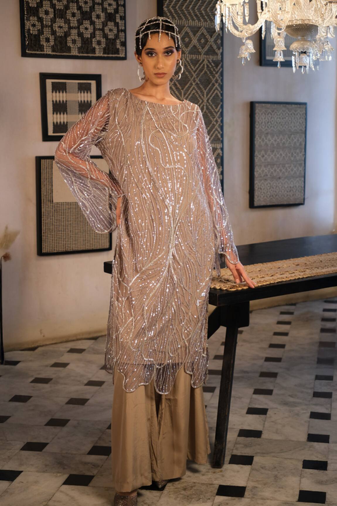Esha L Amin Beige Sequin Embroidered Kurta 