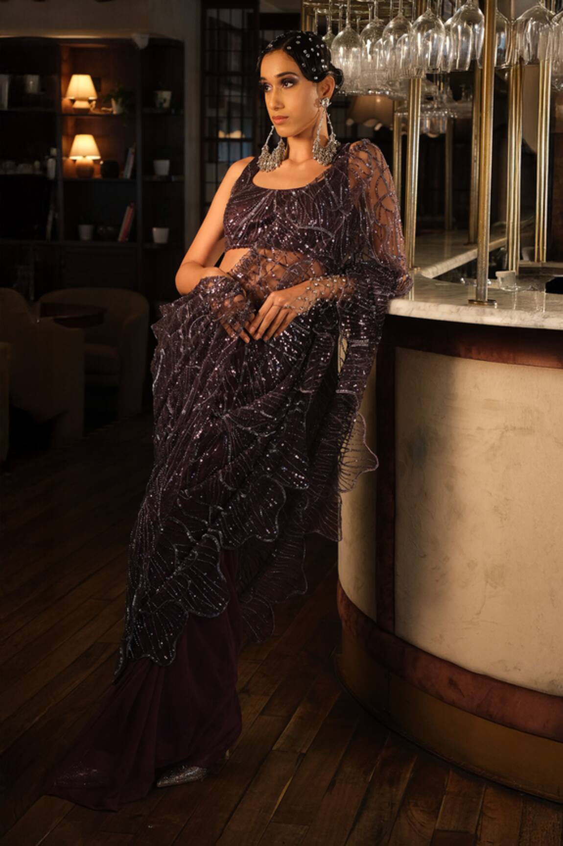 Esha L Amin Purple Pre-Draped Embroidered Saree 