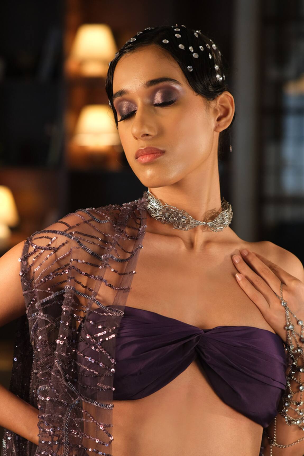 Esha L Amin Purple Knotted Strapless Bralette 