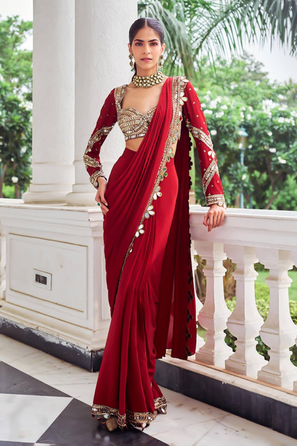 Nidhika Shekhar Laal Harsh Embroidered Pre-Draped Saree Set 
