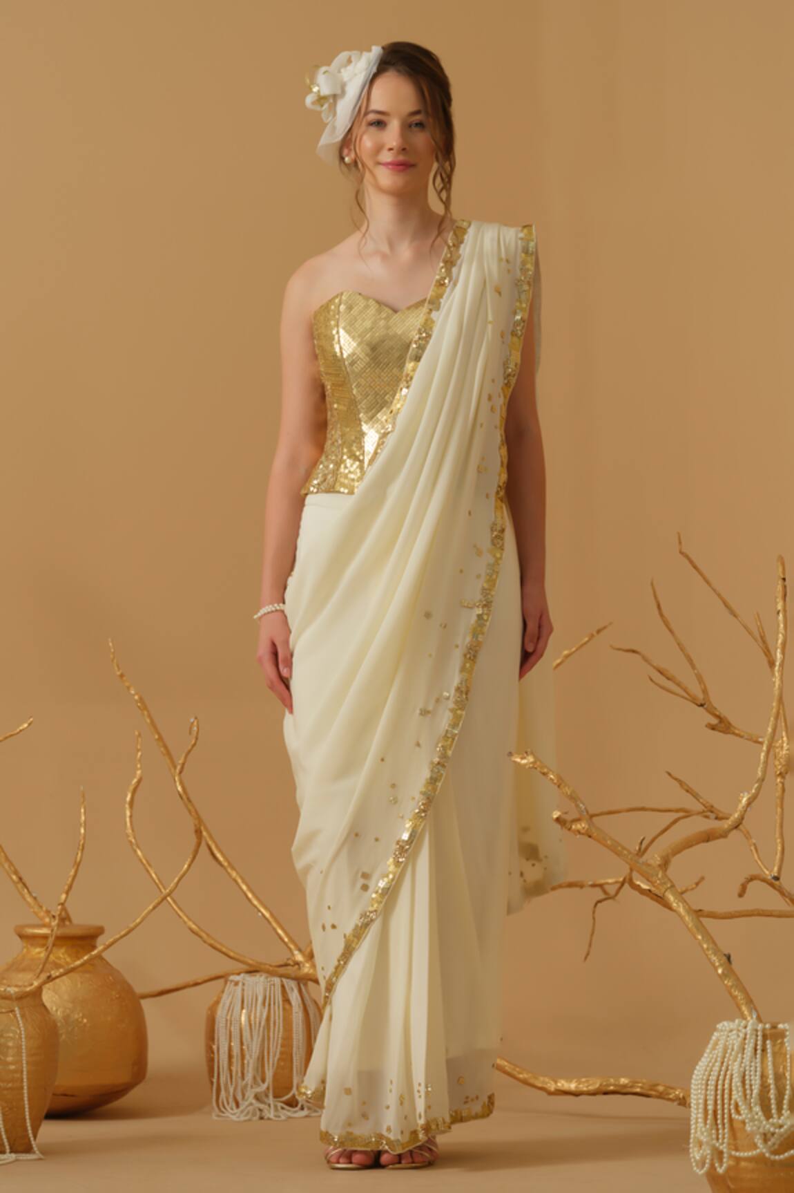 Abstract By Megha Jain Madaan Embellished Border Pre-Draped Saree 