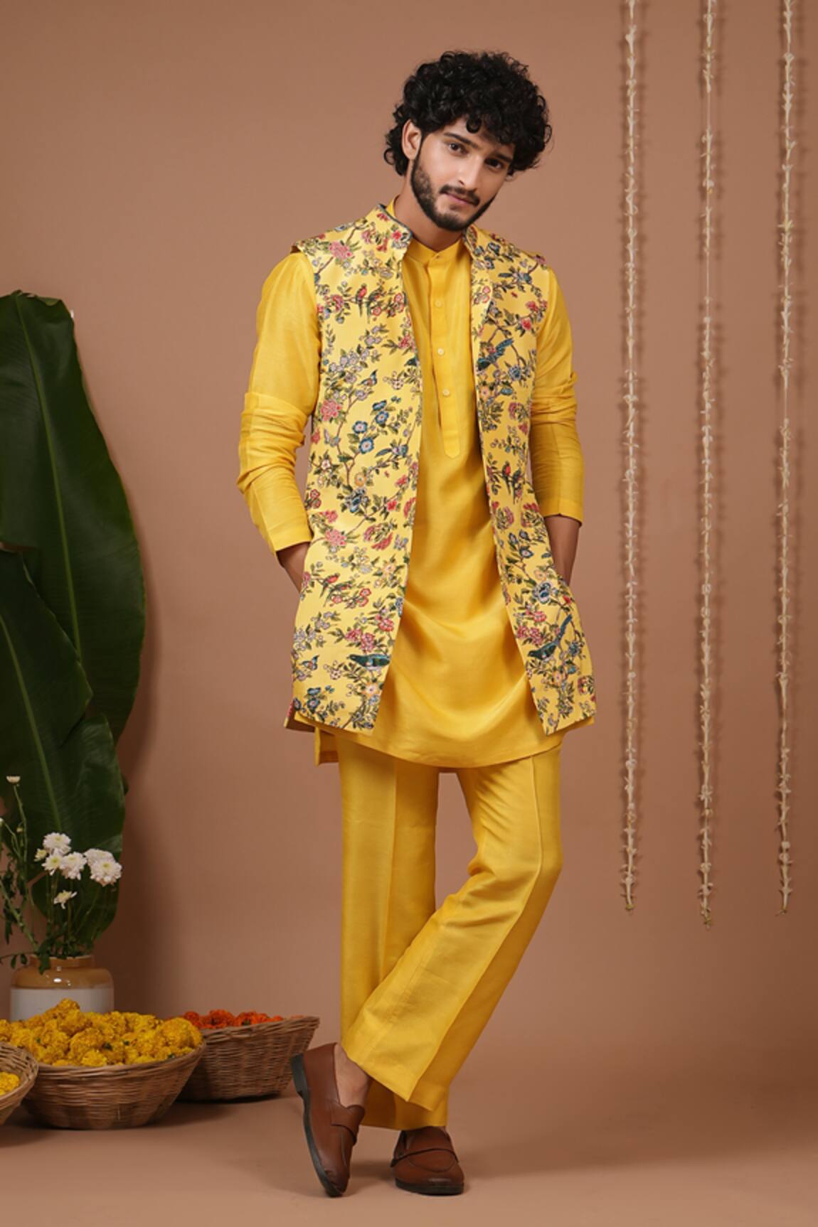 Ahi Clothing Yellow Printed Open Nehru Jacket & Kurta Set 