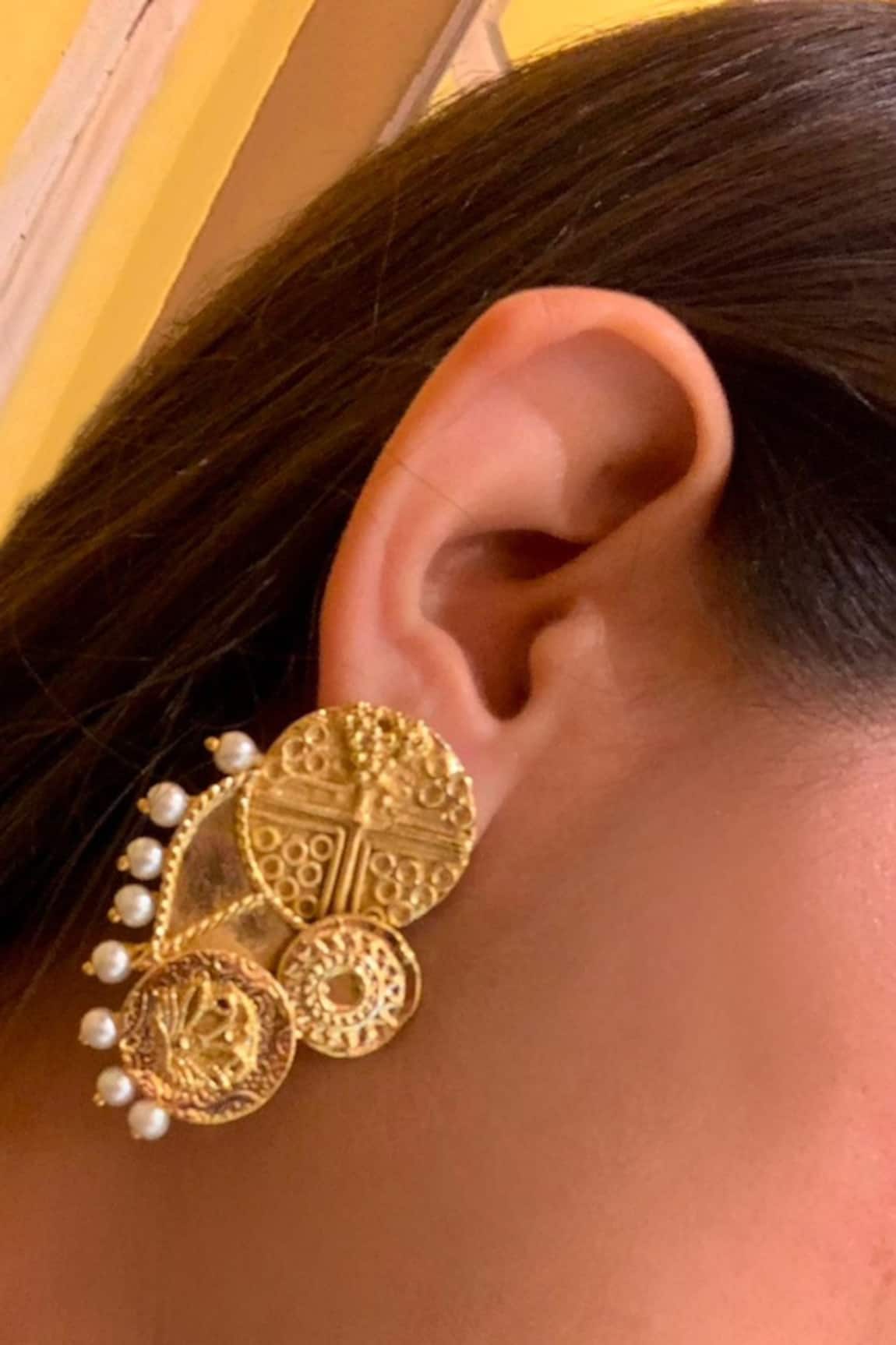 Hetal Shah Gold Coin Coin & Pearl Embellished Stud Earrings