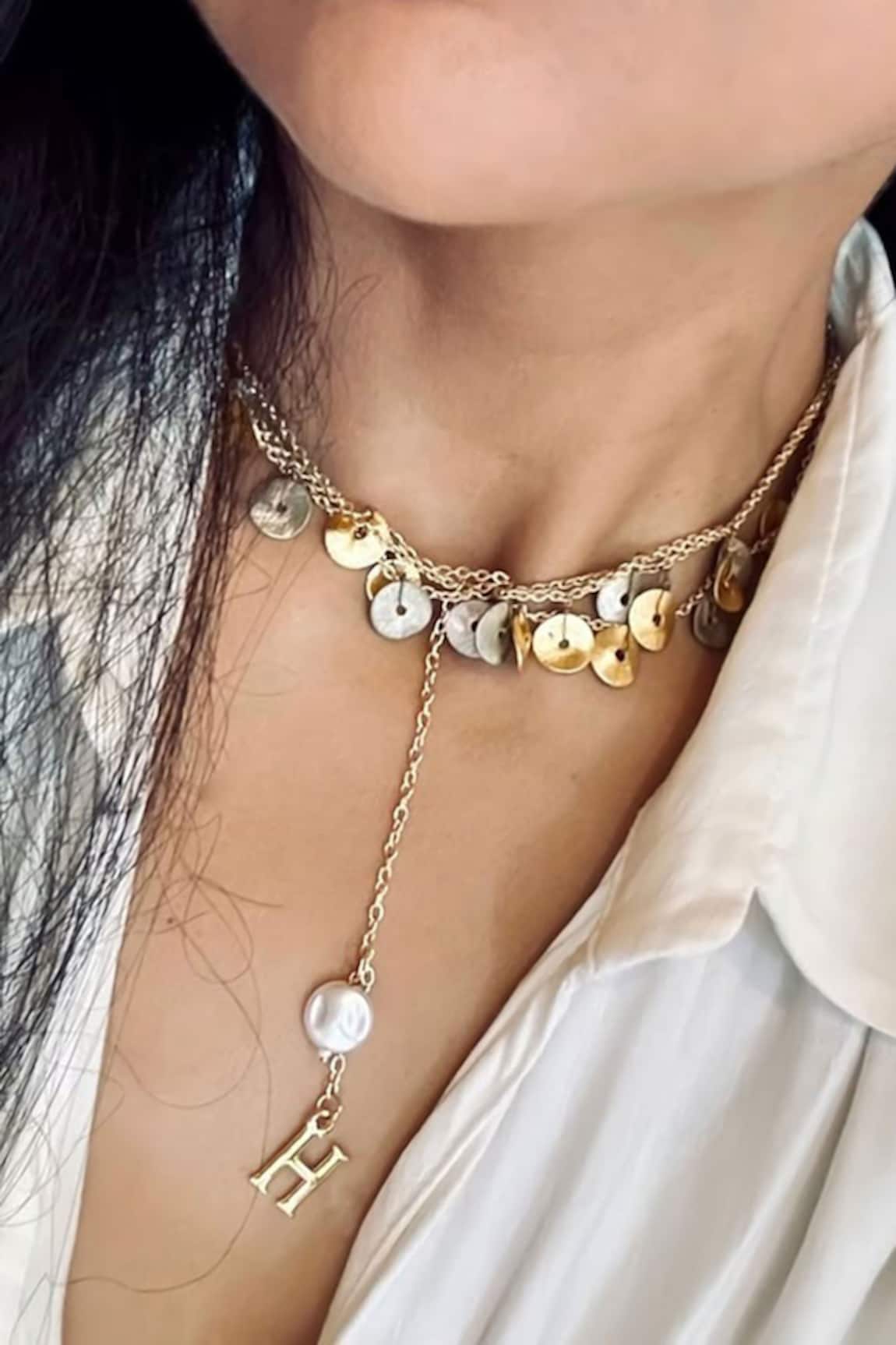 Hetal Shah Coin & Pearl Initial Charm Layered Necklace