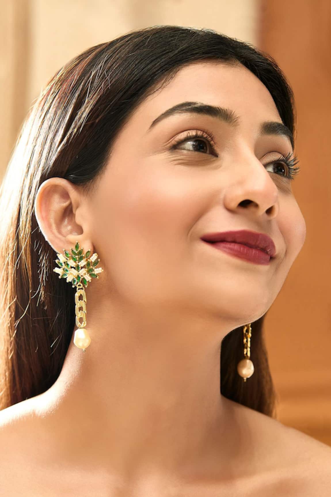 Hetal Shah Emerald Leaf Drop Earrings