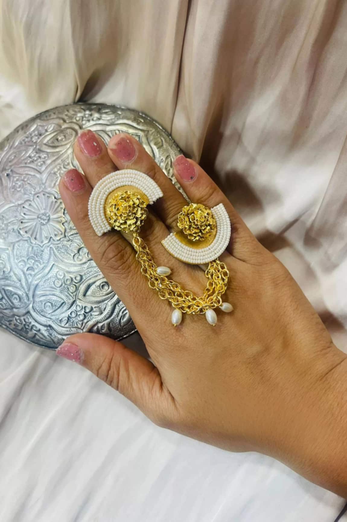 Hetal Shah Marigold Gold Plated Pearl Chain Ring 
