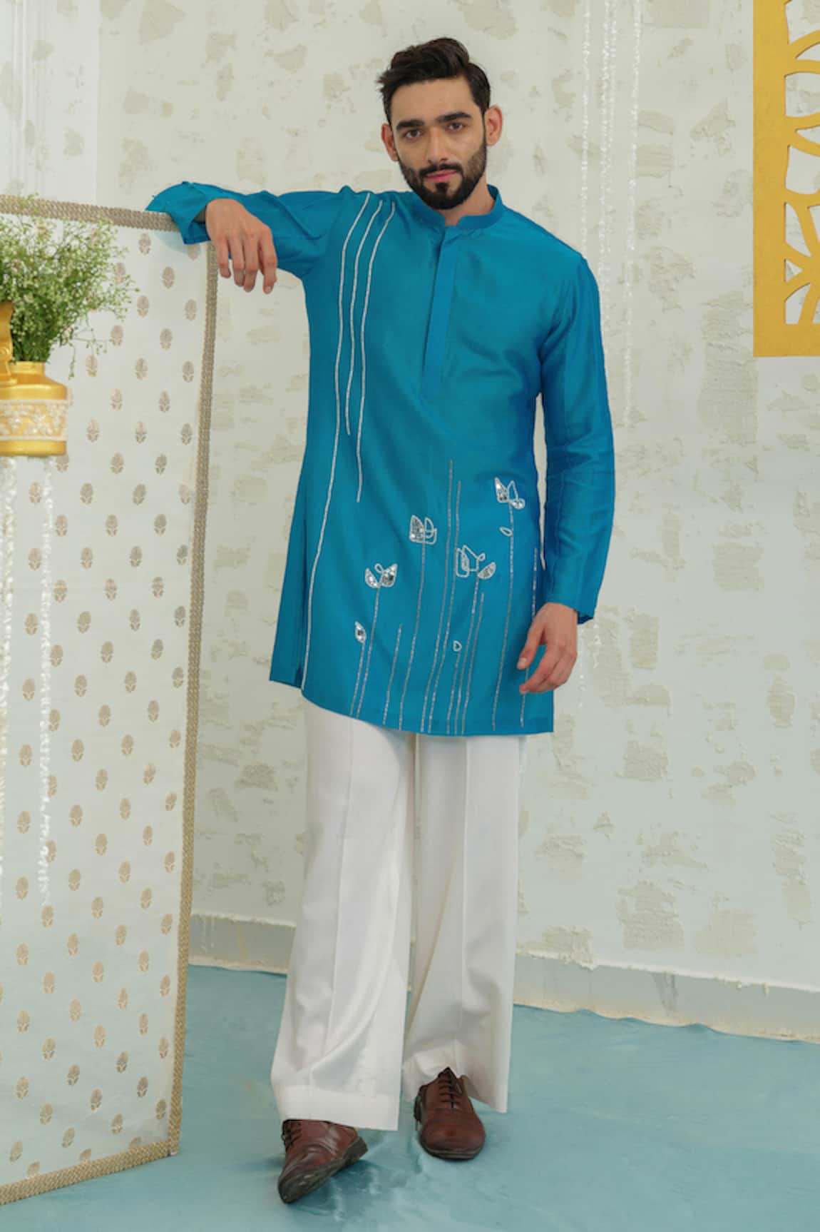 Runit Gupta Mosaic Flower Blue Kurta & Pant Set